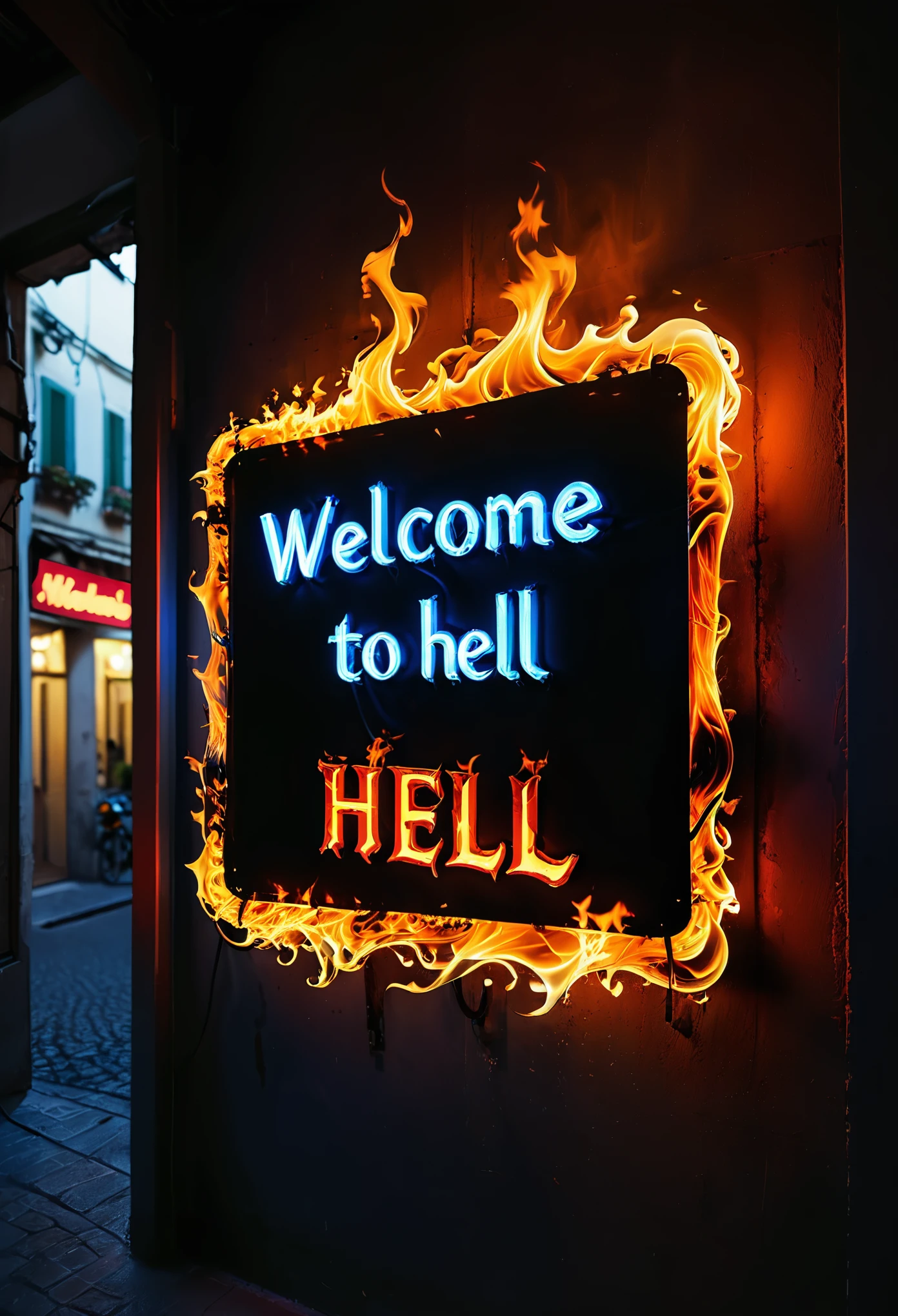 High Quality neon signboard, sign that says "Welcome to Hell" in italics, written in flames
