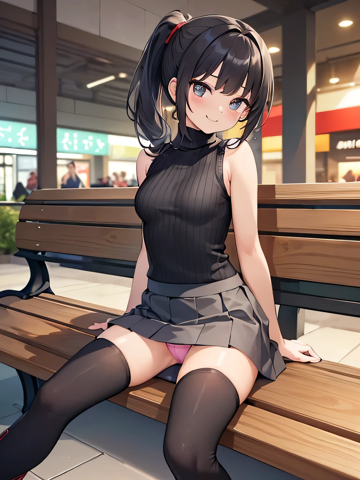 (masterpiece、highest quality、High resolution、realistic pictures、real looking skin:1.1)、
(A woman is sitting on a bench in a shopping mall:1.8)、
(she is sitting with her legs closed:1.9)、
(The skirt is so short that you can almost see her panties.:1.8)、
(Please provide a picture of a woman in panties looking directly at her.:1.8)、
(grinning expression:1.5),
(She is wearing a bright red sleeveless turtleneck knit.:1.8)、
(I&#39;m wearing a dark gray flared miniskirt:1.8)、
(I&#39;m wearing black middle boots:1.8)、
(Panties have flashy colors and patterns:1.2)、
(I&#39;m wearing panties properly:1.8)、
(brown middle ponytail:1.5),
(small face:1.5)、
(D cup breasts:1.5)、
(The place is a bench in a shopping mall.:1.5)、
1 Japanese girl、solo、full body esbian、beautiful eyes、shining eyes、NSFW