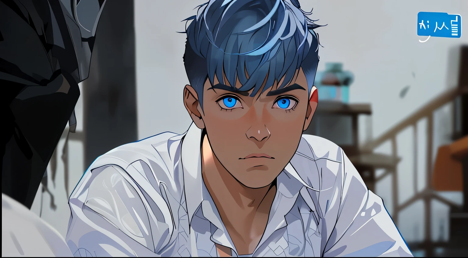 joven de cabelloplateado y ojos azules esta trsite y preocupado esta mirando a alguien