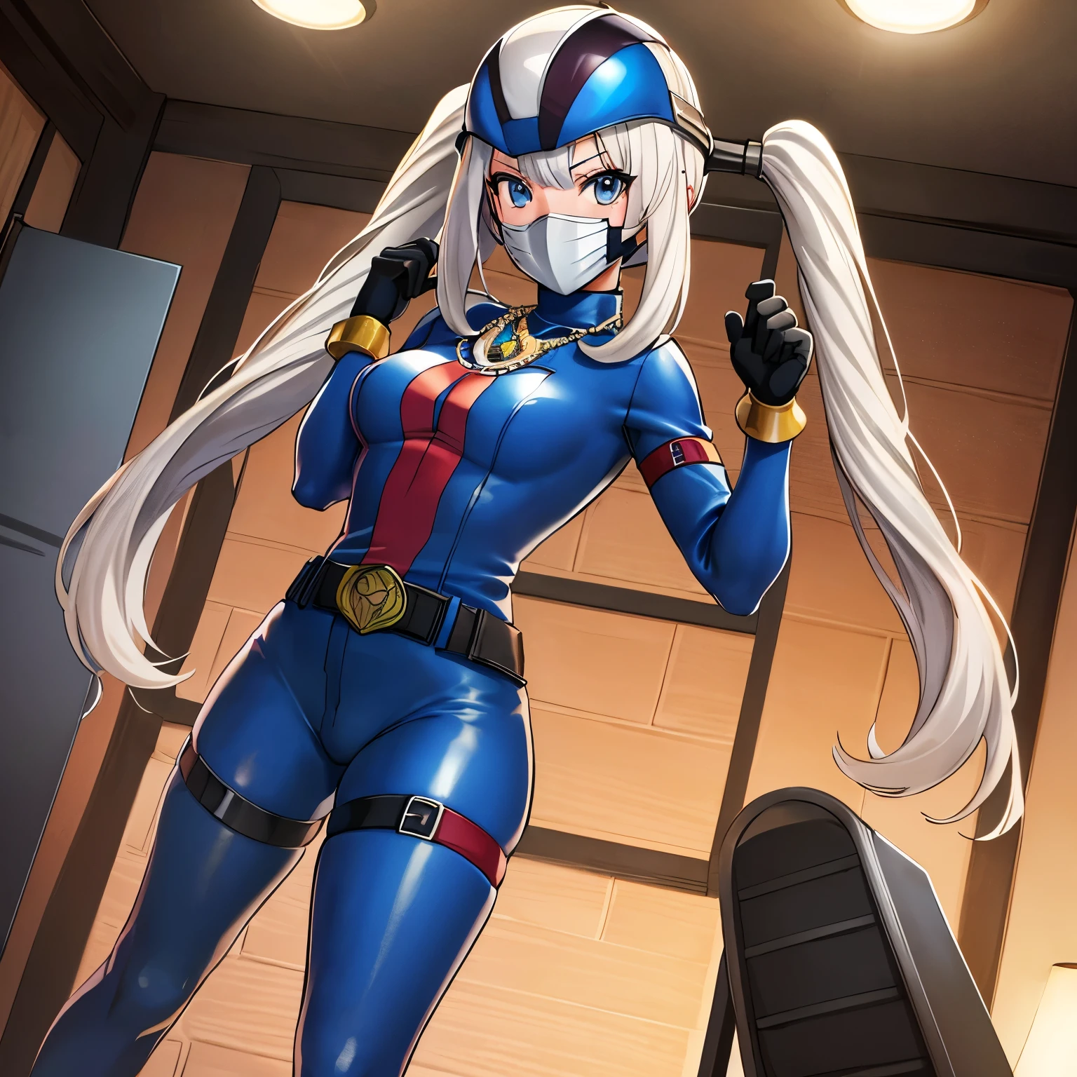 Best quality, 8k, 32k, Masterpiece, high resolution, unity 8k wallpaper, illustration, anime style, perfect lighting, extremely detailed CG, 1girl, solo, ((gijoe-cc, full face iron mask, blue helmet)), marie antoinette, long hair, white hair, twintails, frills, jewelry, necklace, gloves, belt, black gloves, holding, bodysuit, blue bodysuit, looking at viewer, indoors, standing, throne,