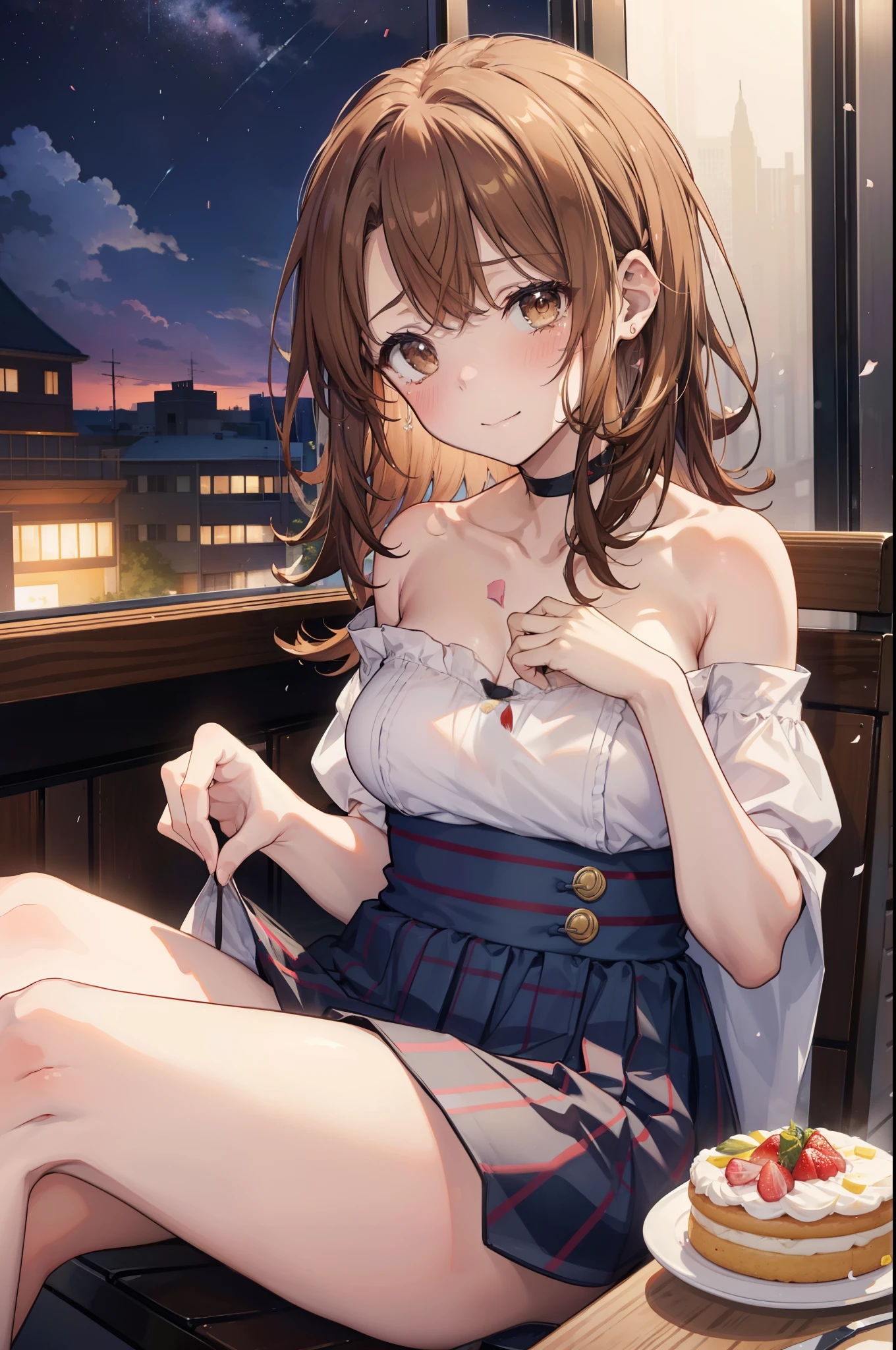 irohaisshiki, iroha isshiki, long hair, brown hair, smile,blush,open your mouth,close both eyes,tears run down her face,Crying with joy,cry a lot,white off shoulder dress,bare clavicle,bare shoulders,naked neck,long skirt,stiletto heels,A large cake and food are placed on the table.,sitting in a chair,confetti,ロマンチックな雰囲気
break indoors, A restaurant with a beautiful night view,
break looking at viewer,
break (masterpiece:1.2), highest quality, High resolution, unity 8k wallpaper, (figure:0.8),  highly detailed face, perfect lighting, Very detailed CG, (perfect hands, perfect anatomy),