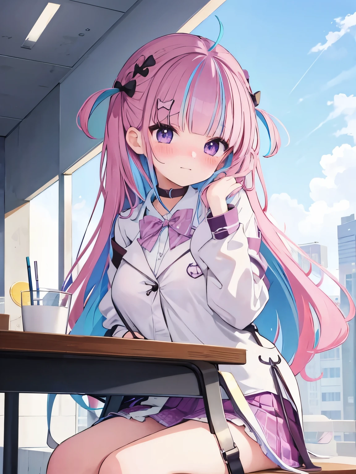 Cute anime girl, minato aqua from hololive, sitting in a school table, shy, blushing, tearing, exposed, half naked, nsfw,