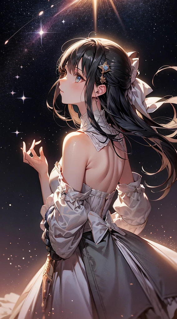 masterpiece, highest quality, one girl, long black hair,face focus, magical colors and lights, From the side, look up,very detailed, (faded), ((Backlight)),middle ages,((high fantasy)),anime style,starry sky