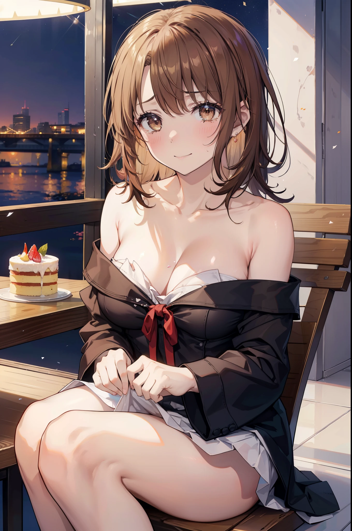 irohaisshiki, iroha isshiki, long hair, brown hair, smile,blush,open your mouth,close both eyes,tears run down her face,Crying with joy,cry a lot,white off shoulder dress,bare clavicle,bare shoulders,naked neck,long skirt,stiletto heels,A large cake and food are placed on the table.,sitting in a chair,confetti,ロマンチックな雰囲気
break indoors, A restaurant with a beautiful night view,
break looking at viewer,
break (masterpiece:1.2), highest quality, High resolution, unity 8k wallpaper, (figure:0.8),  highly detailed face, perfect lighting, Very detailed CG, (perfect hands, perfect anatomy),