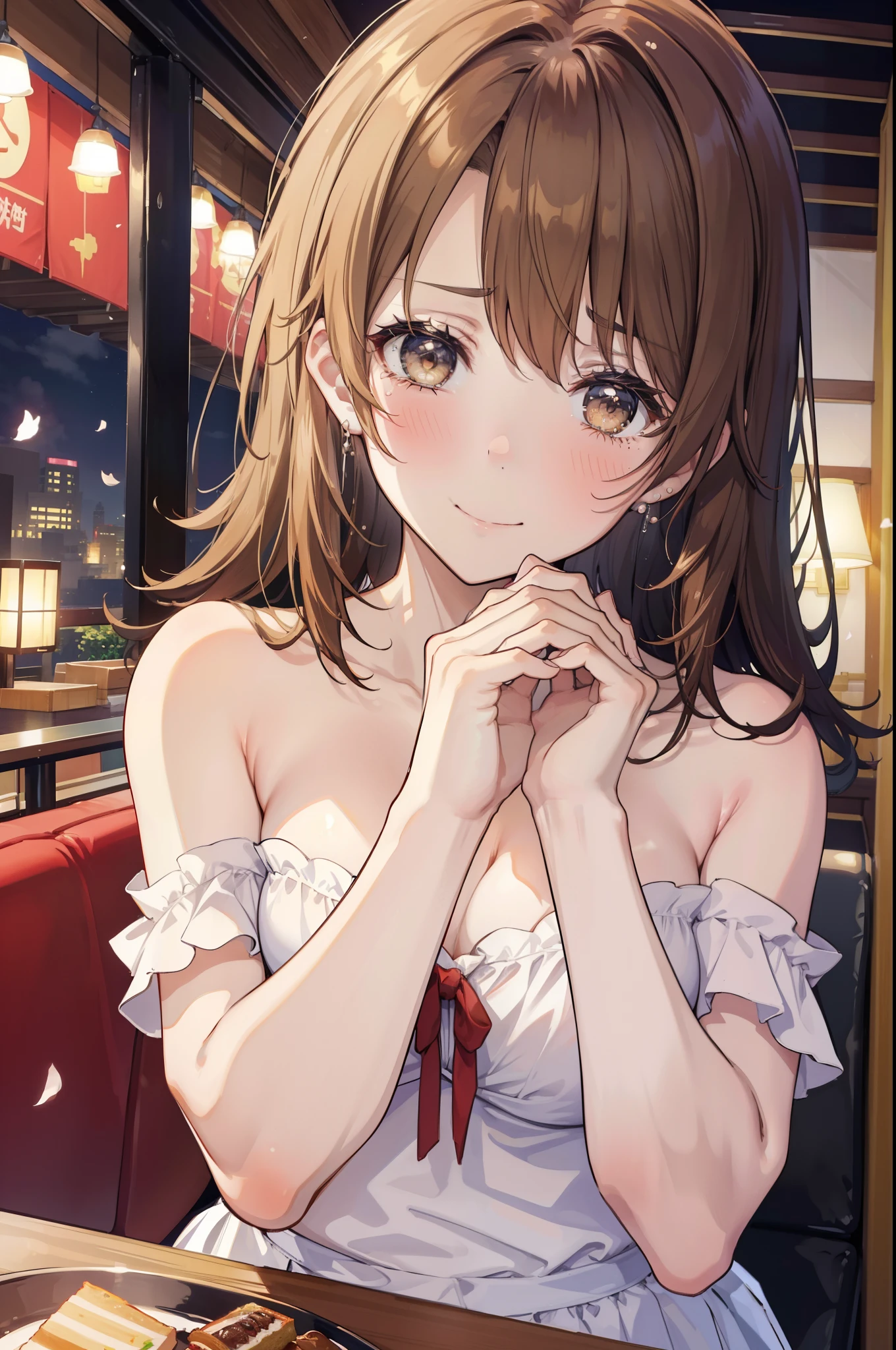 irohaisshiki, iroha isshiki, long hair, brown hair, smile,blush,open your mouth,close both eyes,tears run down her face,Crying with joy,cry a lot,white off shoulder dress,bare clavicle,bare shoulders,naked neck,long skirt,stiletto heels,A large cake and food are placed on the table.,sitting in a chair,confetti,ロマンチックな雰囲気
break indoors, A restaurant with a beautiful night view,
break looking at viewer,
break (masterpiece:1.2), highest quality, High resolution, unity 8k wallpaper, (figure:0.8),  highly detailed face, perfect lighting, Very detailed CG, (perfect hands, perfect anatomy),