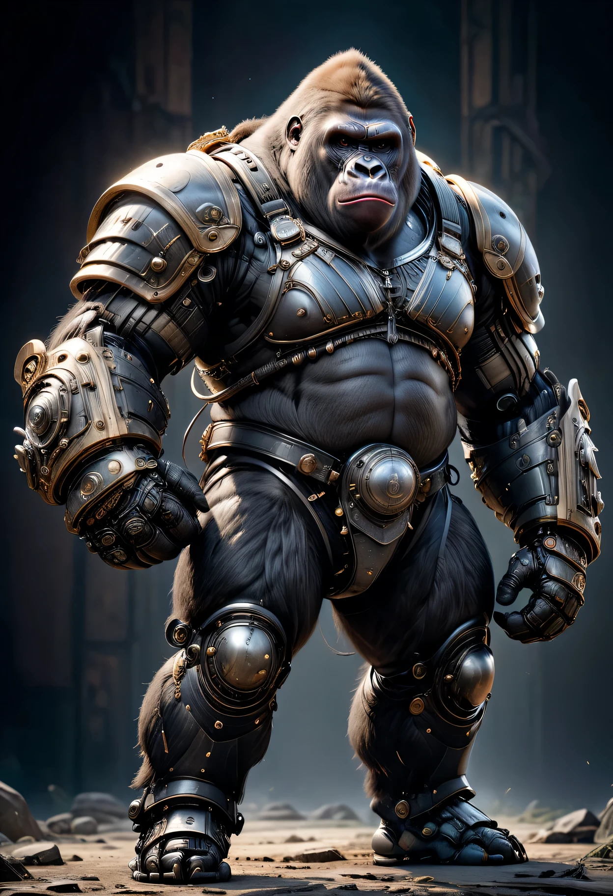 photorealistic portrait of Dressed animals - a ((fat)) gorilla warrior,(brave pose), high quality,(lovely) ,intricate detailed giant mechanical arms, highly detailed ((mechanical armor) ,,highly detailed decorations, , (brave), studio lighting,(full body image from head to toe:1.5)