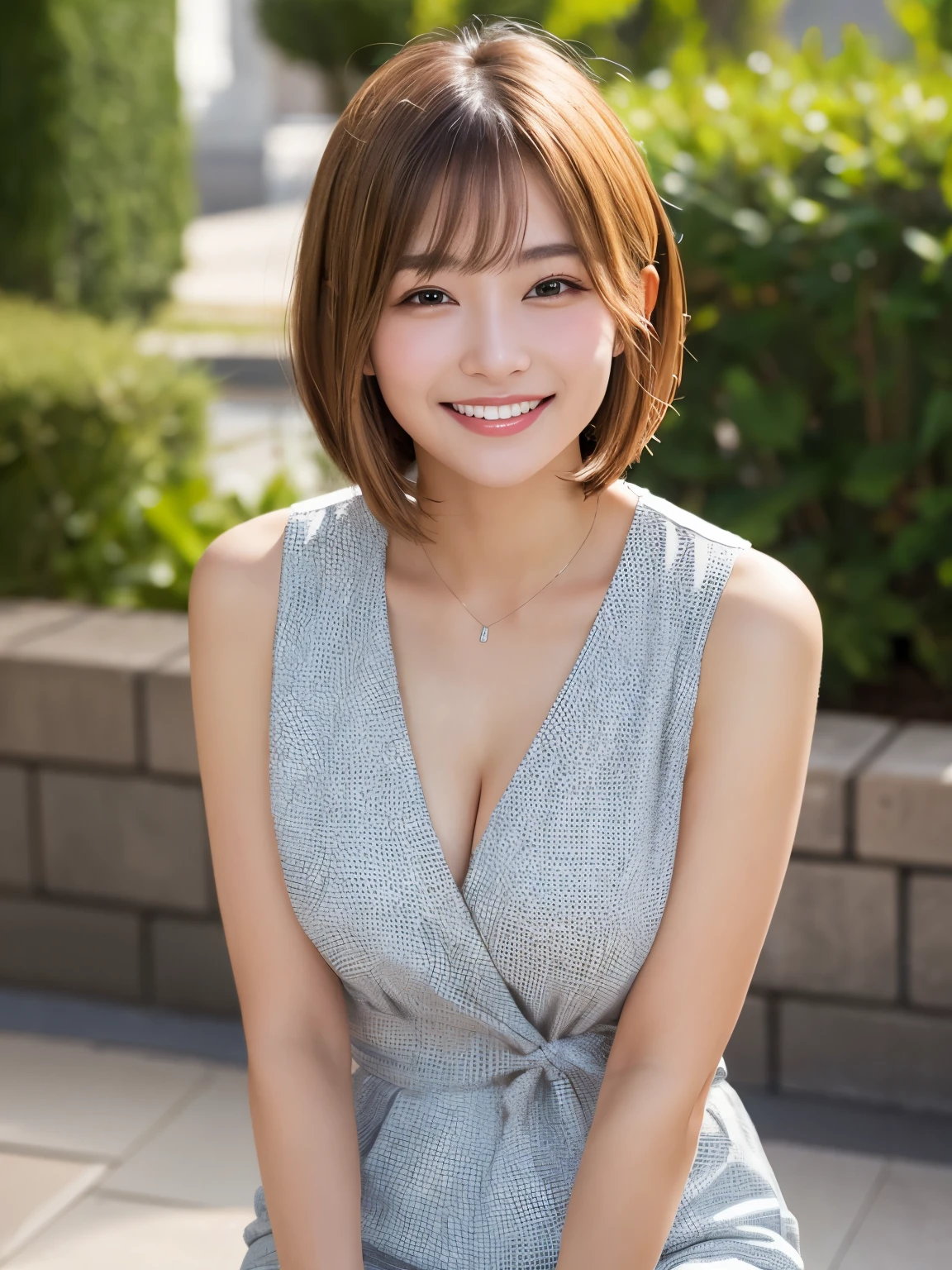 Highly detailed CG Unity 8K wallpaper, highest quality, Super detailed, masterpiece, realistic, realistic, Highly detailed Japanese cute girl, (25 years old), blush, round eyes, thick eyebrows、 semi body shot, High resolution RAW color photos, professional photos, girl portrait、anatomically correct body shape、healthy body shape、blonde hair、bob cut、smile、beautiful waist、rough skin、Not too beautiful skin、Slight spots and freckleole on chest、necklace、smaller breasts、とてもsmile、dimples、smile showing teeth、tanned skin、no makeup、So that it is reflected up to the knees,Instagrammable、recruitment suit