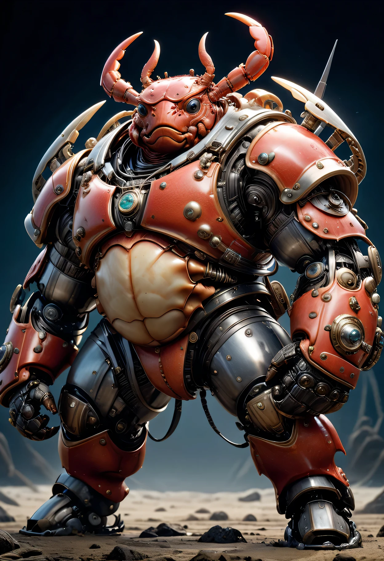 photorealistic portrait of Dressed animals - a ((fat)) crab warrior,(brave pose), high quality,(lovely) ,intricate detailed giant mechanical arms, highly detailed ((mechanical armor) ,,highly detailed decorations, , (brave), studio lighting,(full body image from head to toe:1.5)