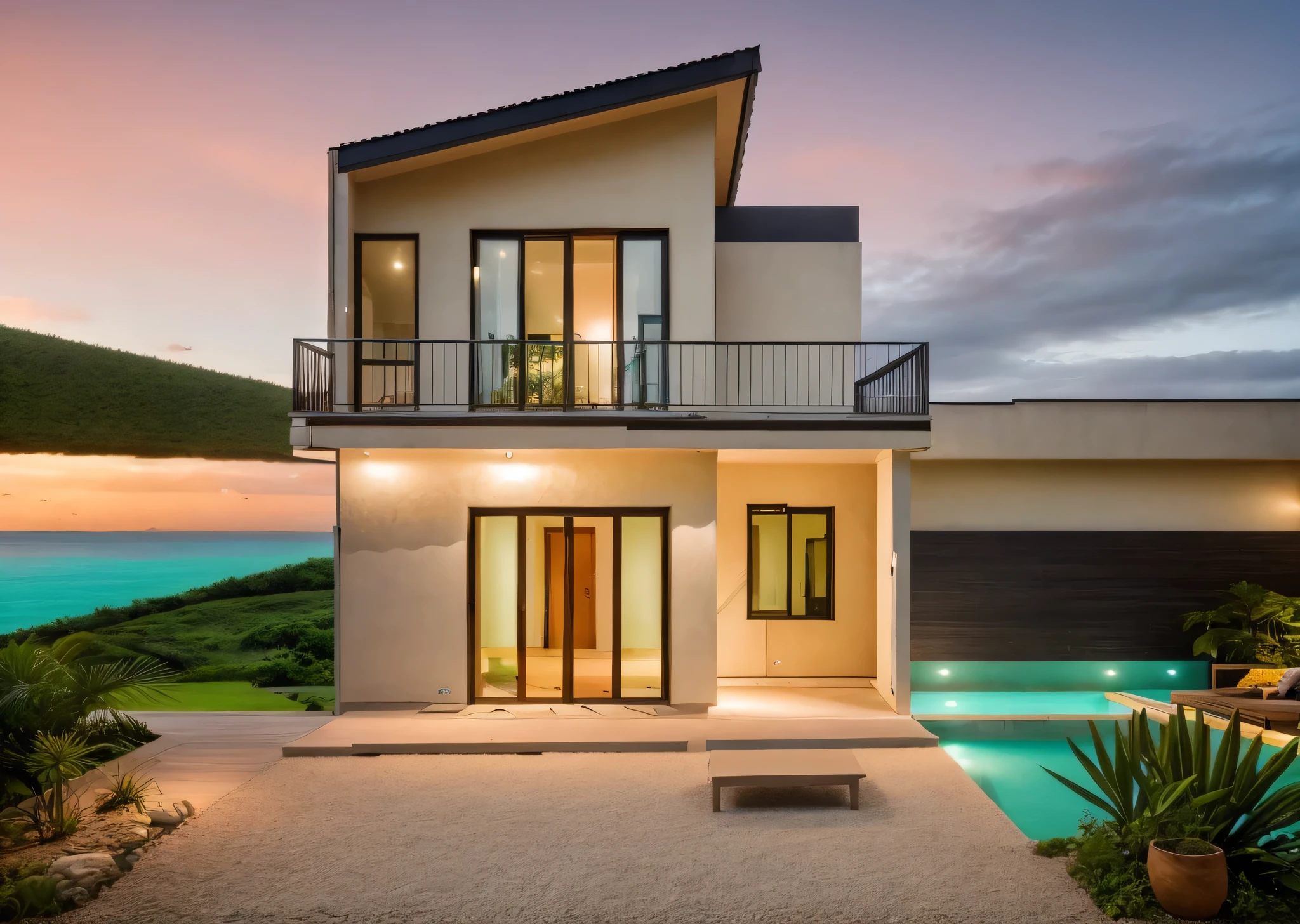 award winning photography of house in (tropical style), tropical landscape, gravel coutyard