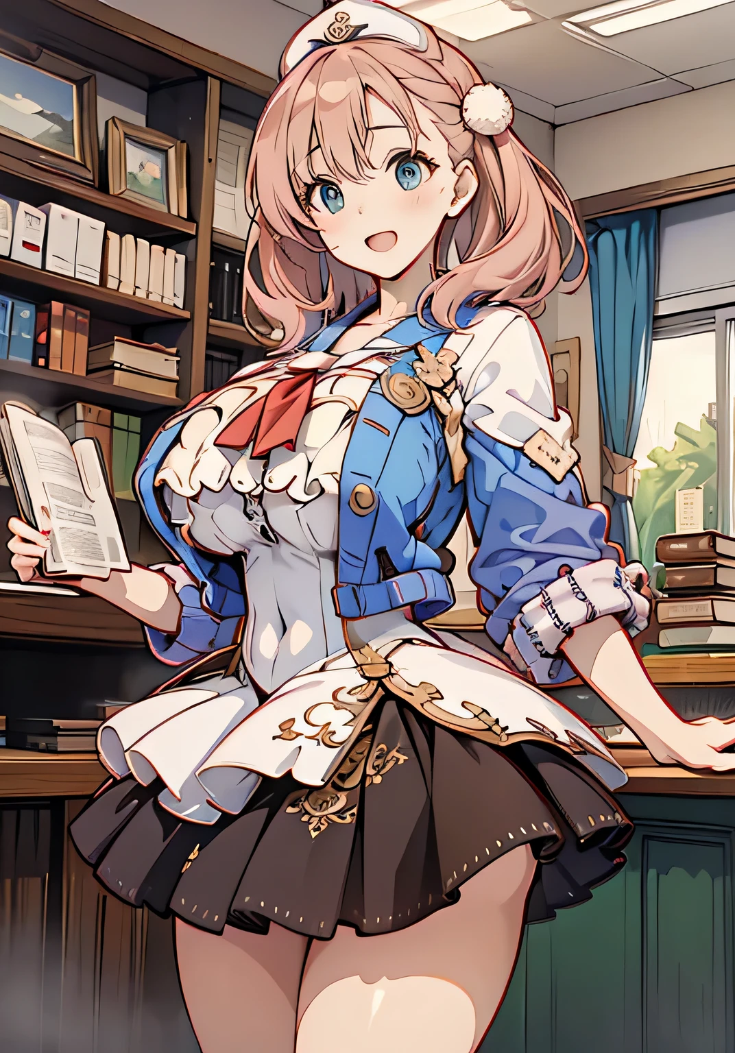 Erotic Anime Illustration、Highest image quality、A voluptuous high school girl flattering herself at a bookstore、perfect proportions、lovelive、sailor suit、Overwhelmingly huge breasts beyond the norm、thick legs with fat、cowboy shot、ecstatic expression、big areola、Exposing Vagina