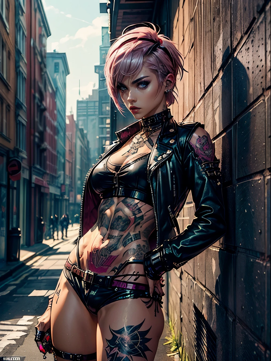 (((top quality: 1.4))),(A masterpiece like no other in history), (ultra high resolution),(Ultra-realistic 8k CG), official art、 (((adult body))), (((1 girl))), ((( bob short hair ))), punk girl with perfect body, jacket with metal spine,Beautiful and well-shaped face,,elaborate punk fashion,leather jacket, (Image from head to thighs),((Pink bob short hair )), ((small leather panties:1.0)), Simon Bisley&#39;s urban and brutal style,Detailed street background of London,beautiful abs, Complex graphics, Dark pink with white stars and gray and white stripes,,,, (( Lots of poisonous tattoos )), earrings,