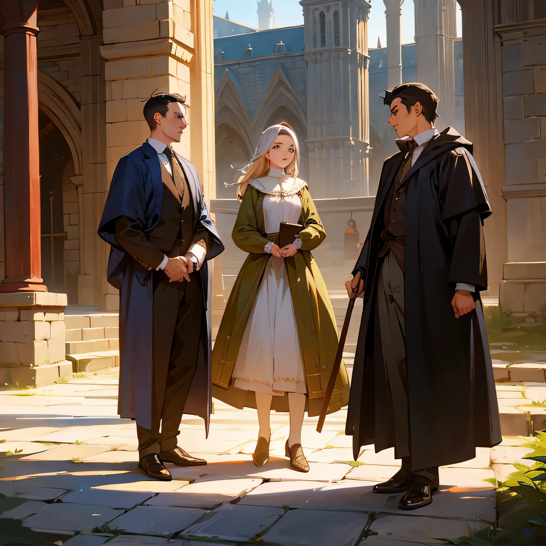 Three business people in period Medieval clothing.