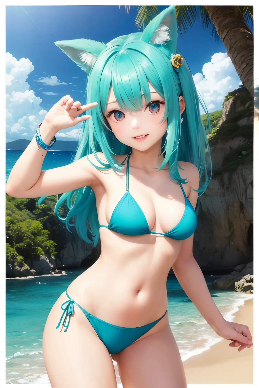 uma mulher de cabelo azul, on the beach in a green bikini, sorrindo, olhos amarelos, musculosa, salto alto, dragon crown, pose de corpo inteiro