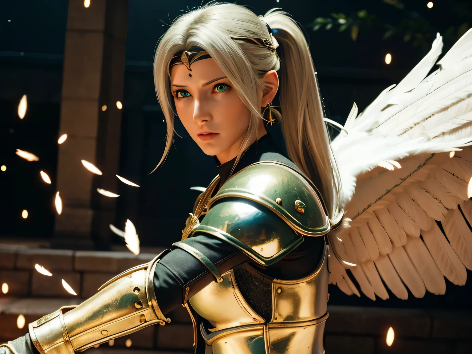 8k,​ masterpiece, best quality, ff7r style, Rhea, AraneaHighwind, 1girl, ((white hair)), ((green eyes)), ponytail, long hair, portrait, blurry background, ((gold armor)), ((holding a lance)), lance, earrings, gloves, white dress, solo, forehead protector, ((dragoon)), facing viewer, cinematic lighting, dynamic pose, chainmail, breastplate, hair ornament, (feather wing), light particles
