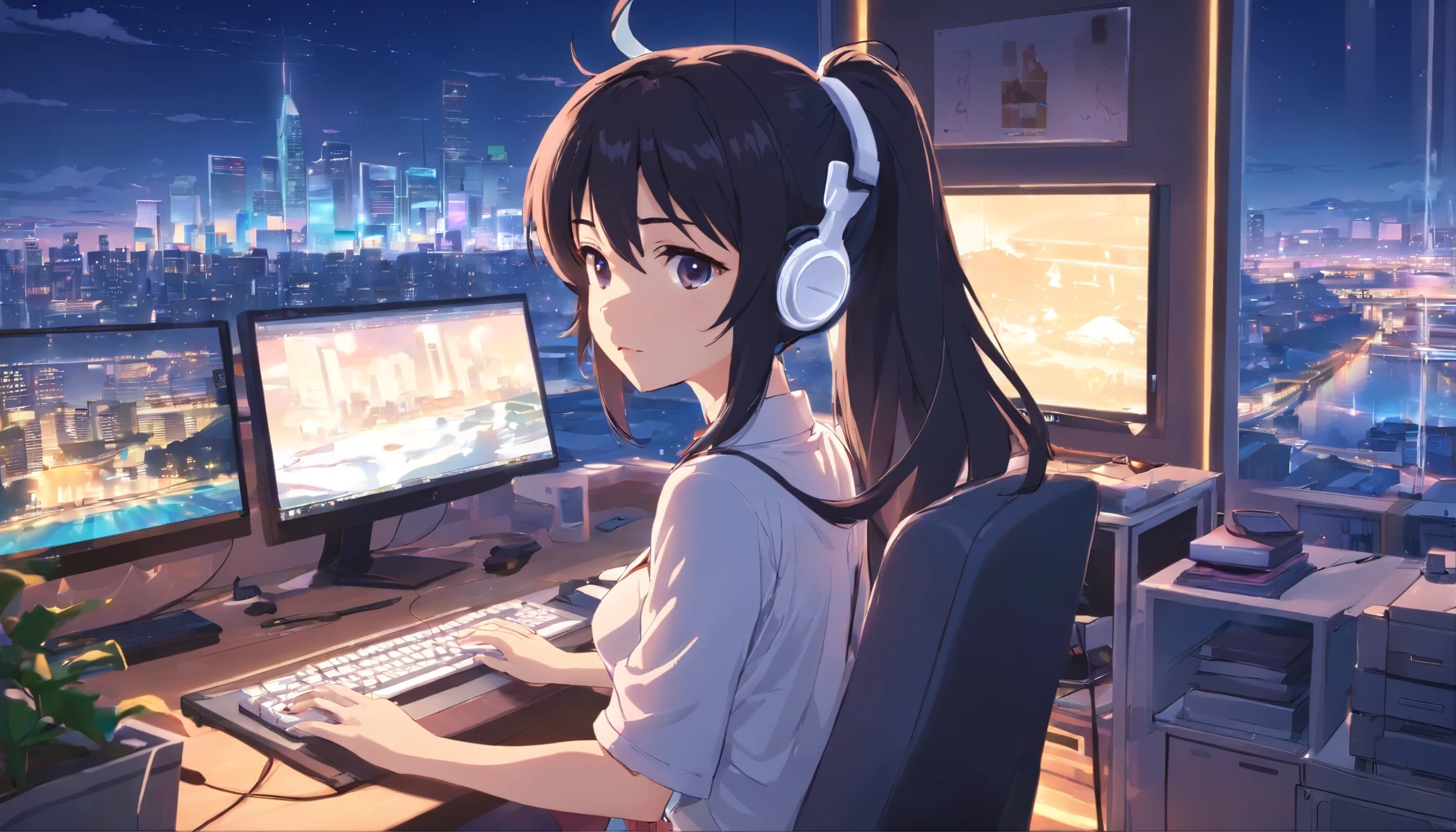 anime girl wearing white headphones, wearing a Calvin Klein underwear, black hair, 29 years old, white gaming PC, white gaming chair, Exposed cleavage, big breasts H-cup, accentuate the cleavage, accentuate big, wearing a black garter belt, revealing skin, Owner of beautiful legs, nice legs, lovely pins, lofi girl anime vibes, lofi artstyle, anime style 4k, anime aesthetic, nightcore, lofi feel, lofi art, anime art wallpaper 4k, anime wallpaper 4k, lofi vibes, plants in the room, city view, white headphone, she is programming using PC keyboard, white keyboard, She is looking at a white monitor, a white computer mouse, sitting on a white gaming chair, Heavenly music that fills the air, one thick candle is lighting, Night city lights illuminate the room, full moon, short ponytail, Full body shot, full body, anime style, cinematic lighting, Sony FE GM, masterpiece, best quality, 4K