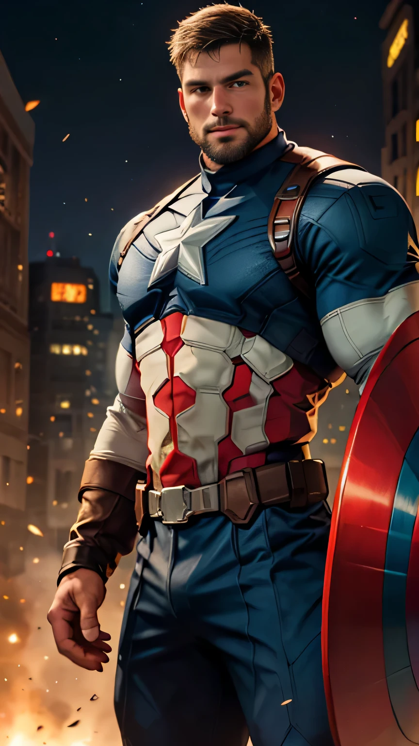 An award-winning original photo，A wild muscular man, (30 years old daddy:1.3), 1boy, Solo, (wearing a blue and red (captain america) costume), (big shoulderusculature, Short beard, mask) (Detailed face:1.3), (beautiful eyes:1.2), holding 1 circular star shield, Dynamic Angle, volumetric lighting, (Best quality, A high resolution, Photorealistic), Cinematic lighting, Masterpiece, RAW photo, Intricate details, hdr, depth of field, upper body