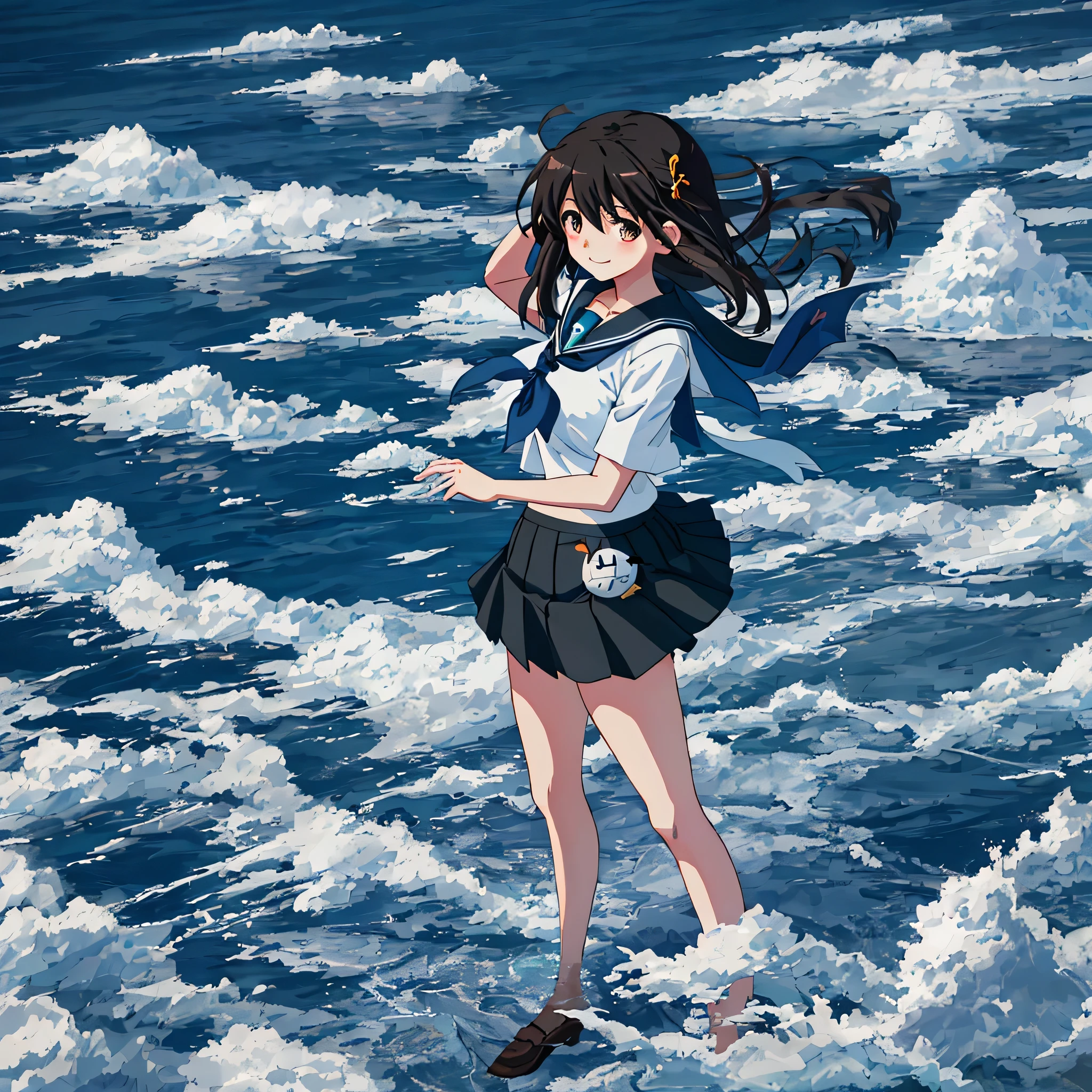 highest quality, masterpiece, High resolution, alone, {fubuki_Fleet Collection:1.15},, serafuku, blush, Open_mouth, smile, 1 girl, School_uniform, anchor_symbol, neckerchief, skirt, evening sky_background，anime style, highest quality, 4k, masterpiece, standing girl, 1 girl, alone, 1 , Upper body, (front angle), looking at camera, , [empty eyes], [short girl], (big breasts:1.25), [Suzumiya Haruhi], sailor suit, [[sleepy eyes]], [fantasize],(NSFW),(Skirt Lift:1.3),(black panties:1.3), show off panties, blush, [[blue skirt]],blizzard,