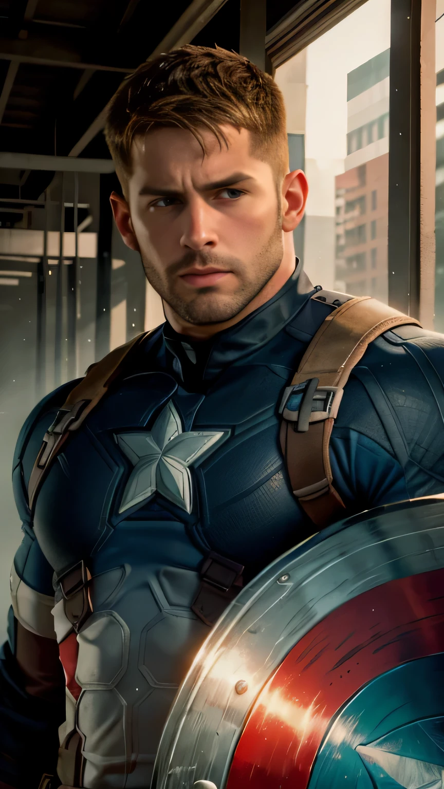 An award-winning original photo，A wild muscular man, (30 years old daddy:1.3), 1boy, Solo, (wearing a blue and red (captain america) costume), hazel hair, (big shoulderusculature, stubbles, Short beard, (Detailed face:1.3), (beautiful eyes:1.2), holding a circular star shield, Dynamic Angle, volumetric lighting, (Best quality, A high resolution, Photorealistic), Cinematic lighting, Masterpiece, RAW photo, Intricate details, hdr, depth of field, upper body