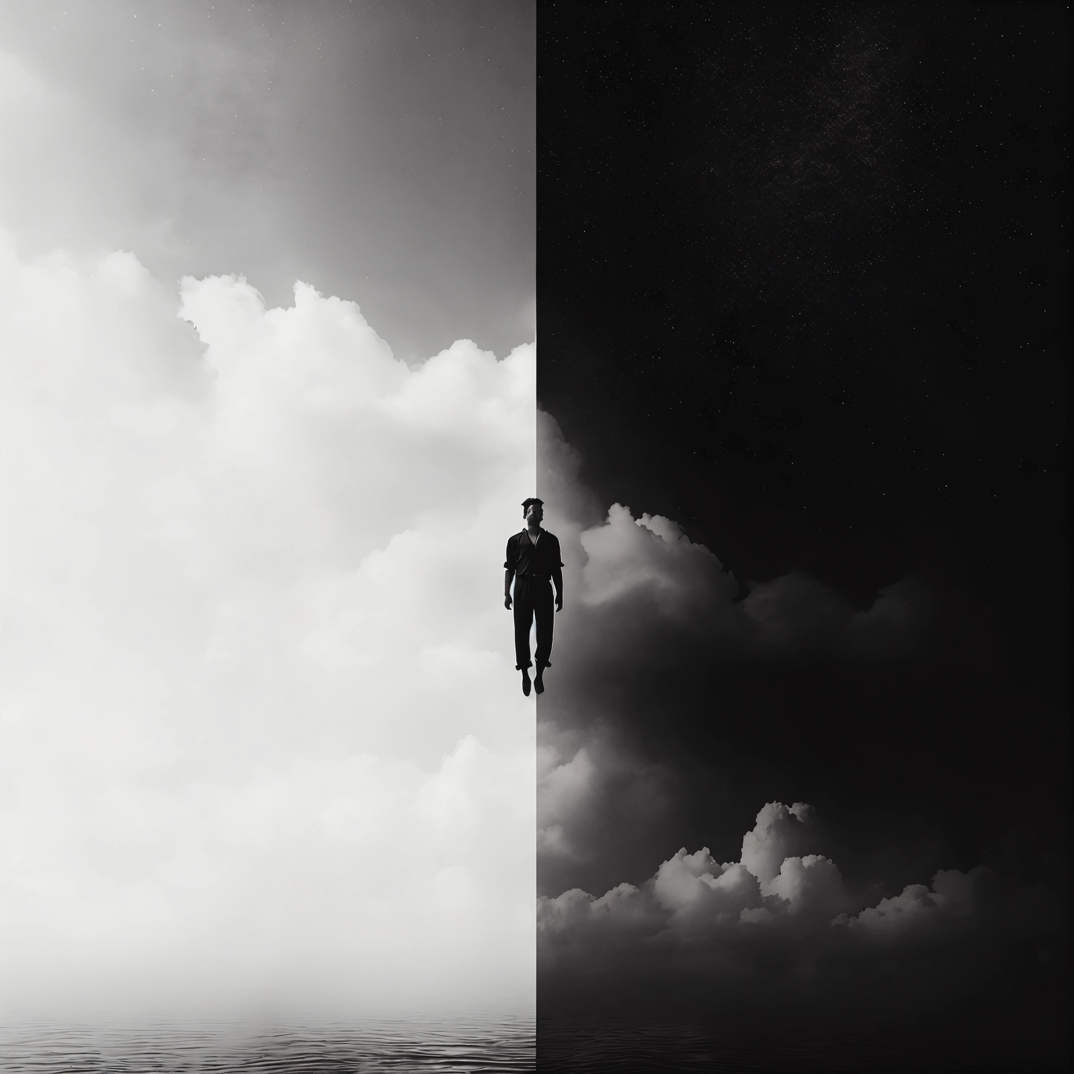 There is a man flying in the clouds, surreal photo, Compared. surreal, There are two sides to the story, Black and white art photo, amazing Compareding background, light and darkness separate, black and white images, surreal photography, black and white, high Compared of light and dark, surreal composition, endless, Dramatic black and white