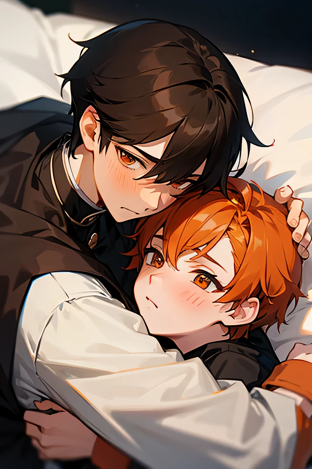 ((best quality)), ((masterpiece)), (detailed), perfect face, 2 boys, gay couple, one boy with dark black hair and dark brown eyes and is tall and handsome, looks fierce and bold, tsundere, very tall, hot and other boy has orange hair and orange eyes and is cute adorable and is bubbly and shorter, short height, , blushing looks like innocent and shy, they are in love, angst romance, gay couple, bl couple, yaoi, 4k ultra anime quality, anime ARTSTYLE, bl yaoi, hugging, 4k anime art style, cute, cuddling together, soft facial expression