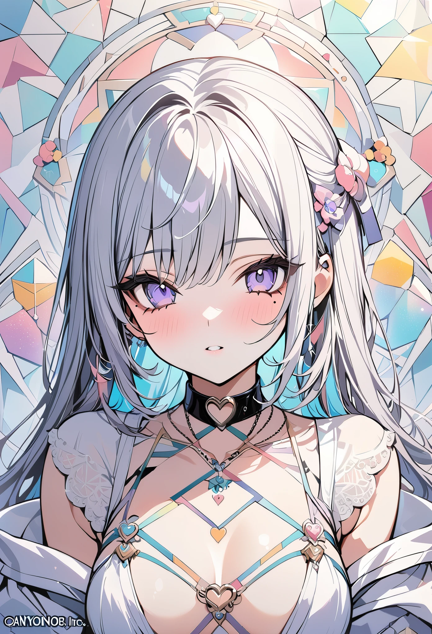 ,beautiful flower々),mole under eye, heart shaped choker, (masterpiece, highest quality), official art, beautiful and aesthetic: 1.2), (1 girl), very detailed, (geometry art: 1.3), colorful