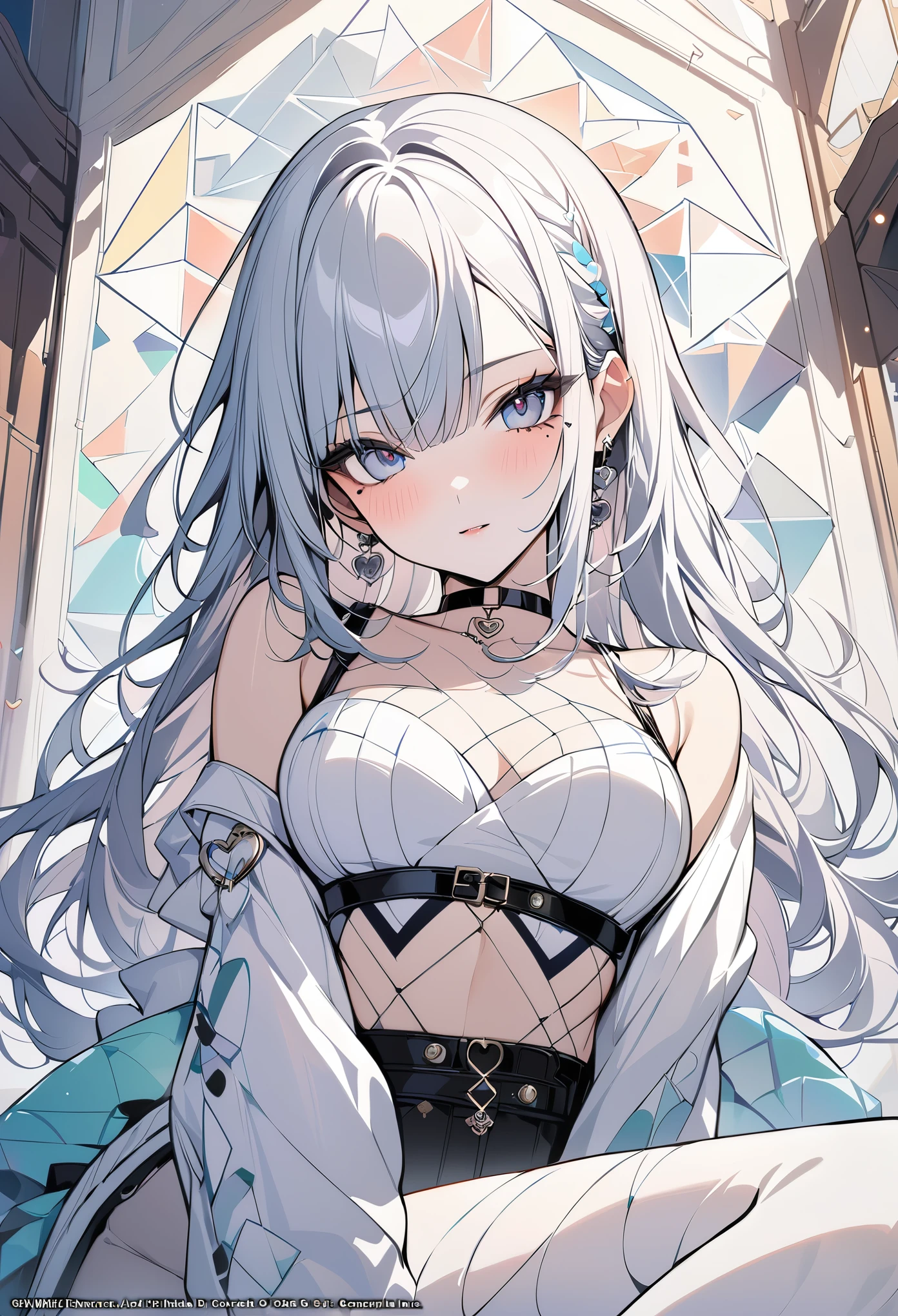 ,beautiful flower々),mole under eye, heart shaped choker, (masterpiece, highest quality), official art, beautiful and aesthetic: 1.2), (1 girl), very detailed, (geometry art: 1.3), colorful