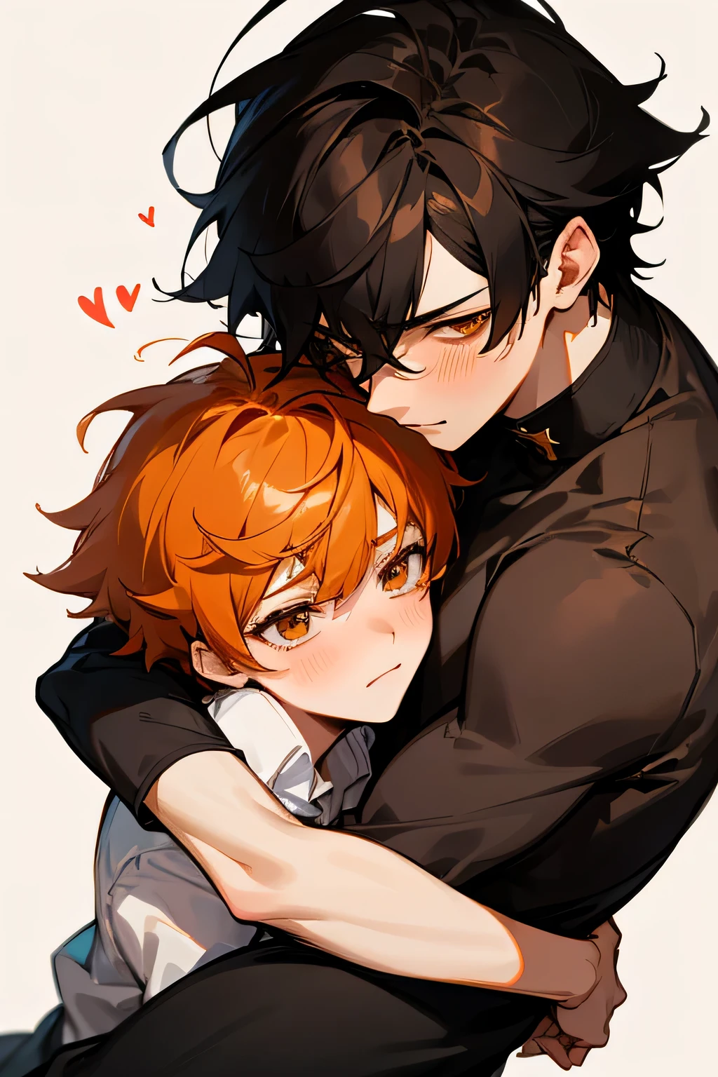 ((best quality)), ((masterpiece)), (detailed), perfect face, 2 boys, gay couple, one boy with dark black hair and dark brown eyes and is tall and handsome, looks fierce and bold, tsundere, very tall, hot and other boy has orange hair and orange eyes and is cute adorable and is bubbly and shorter, short height, baby face, blushing looks like innocent and shy, they are in love, angst romance, gay couple, bl couple, yaoi, 4k ultra anime quality, anime ARTSTYLE, bl yaoi, hugging, 4k anime art style, cute, cuddling together, soft facial expression