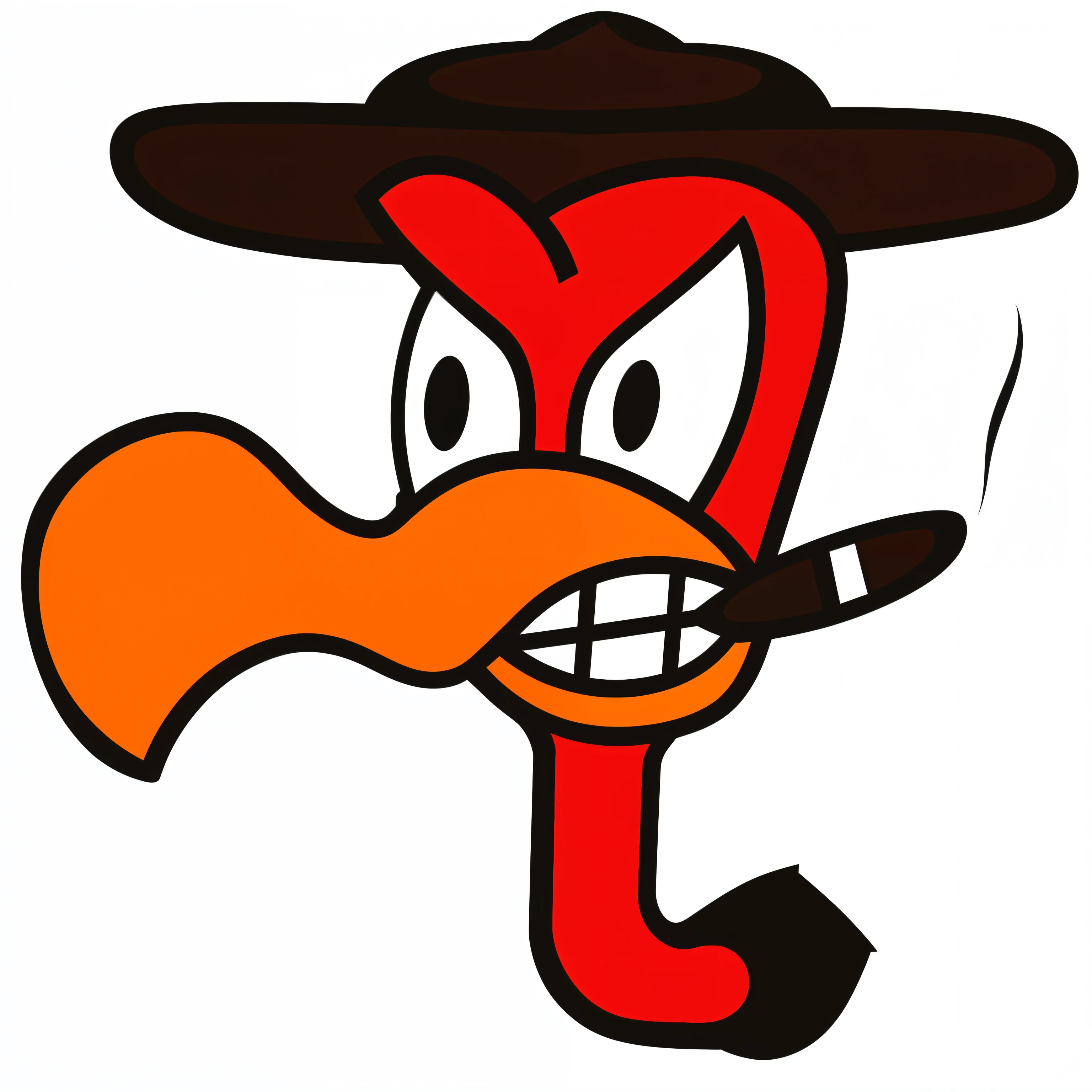 cartoon image of a red bird with a hat and a cigar, estilo loony tunes, inspirado em Tex Avery, character with hat, o pato macho, (Smoke), mascot illustration, illustration of uma raiva rooster, beware of the jubjub bird, cara de pato, illustration of a duck, uma raiva, cuspir voando da boca, japanese mascot, charlatanismo