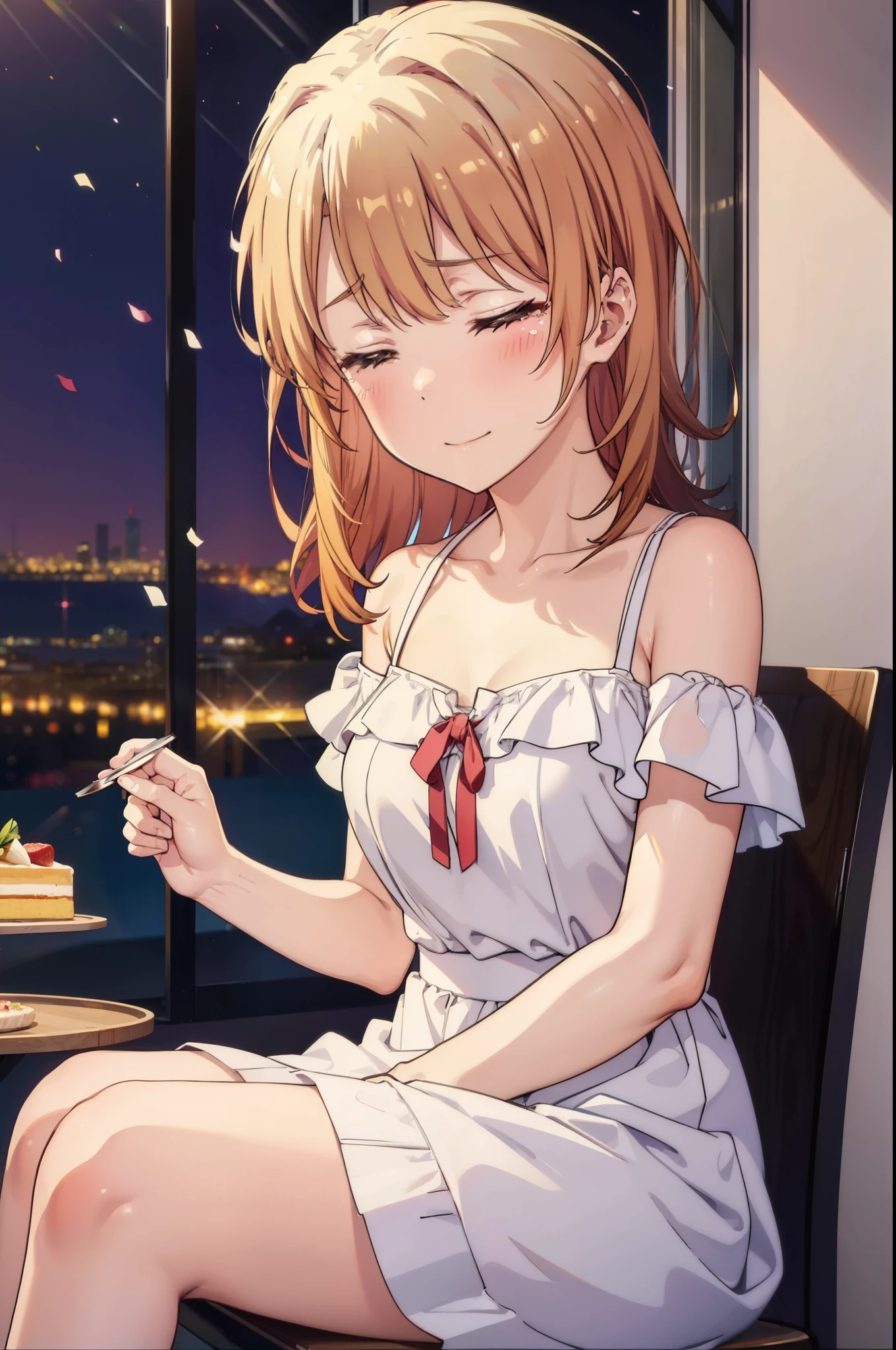 irohaisshiki, iroha isshiki, long hair, brown hair, smile,blush,open your mouth,close both eyes,tears run down her face,Crying with joy,cry a lot,white off shoulder dress,bare clavicle,bare shoulders,naked neck,long skirt,stiletto heels,A large cake and food are placed on the table.,sitting in a chair,confetti,ロマンチックな雰囲気
break indoors, A restaurant with a beautiful night view,
break looking at viewer,
break (masterpiece:1.2), highest quality, High resolution, unity 8k wallpaper, (figure:0.8),  highly detailed face, perfect lighting, Very detailed CG, (perfect hands, perfect anatomy),