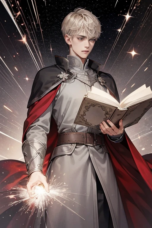 book cover, teenage male, short light blond hair, gray eyes, very handsome, surrounded by sparks of silver gray and dark red magic flares, standing in demonic summoning circle holding spellbook, serious expression, very detailed, beautiful. 