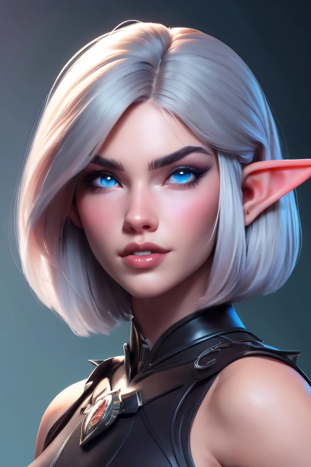 beautiful portait of dark elf female in her 20s with fit body , perfect face feature , (blunt bob short hair), (silver hair color), (blue eyes color), thick kissable lips , thin nose ,pointy ears