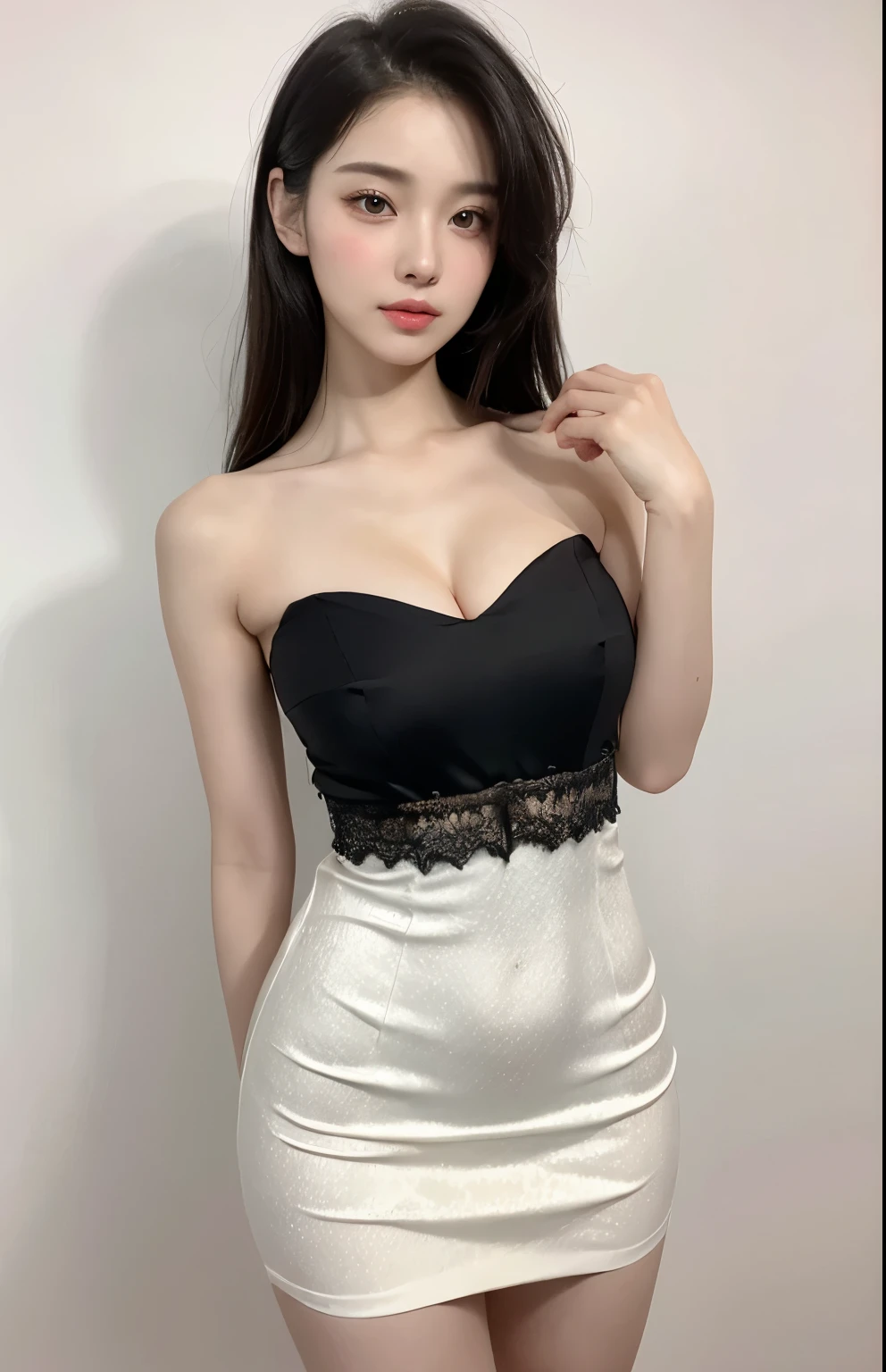 A slim girl， The face shape and eyes are super delicate,black hair,red glossy lips,(beautiful face), (best quality), (Super detailed), (Extremely detailed CG unified 8K wallpaper),((backless sexy dress)),(White background),(A little cleavage),(Model photo),sexy look,big eyes,(standing),(Slim waistline)，Eyes look at the audience,soft breasts,very realistic breasts,Character centered,White skin,(small breasts)，layered hairstyle,Perfect body
