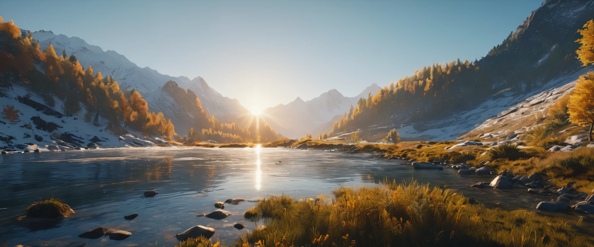 (best quality,8k,highres:1.2),(hyperrealism:1.1),vibrant colors,sharp focus,insanely detailed,(2k1:1.1) style landscape scene,ultra-detailed rendering,impressively lifelike,rich and dynamic colors,epic beauty,meticulous composition of elements,lush greenery,breathtaking mountain range,stunningly realistic textures,crystal-clear river flowing through the scene,sunlit sky casting warm golden light,impressive level of intricate details,perfectly captured reflections,flawlessly executed lighting and shadows,immersive sense of depth and dimensionality,extraordinary level of realism creating a mesmerizing visual experience.