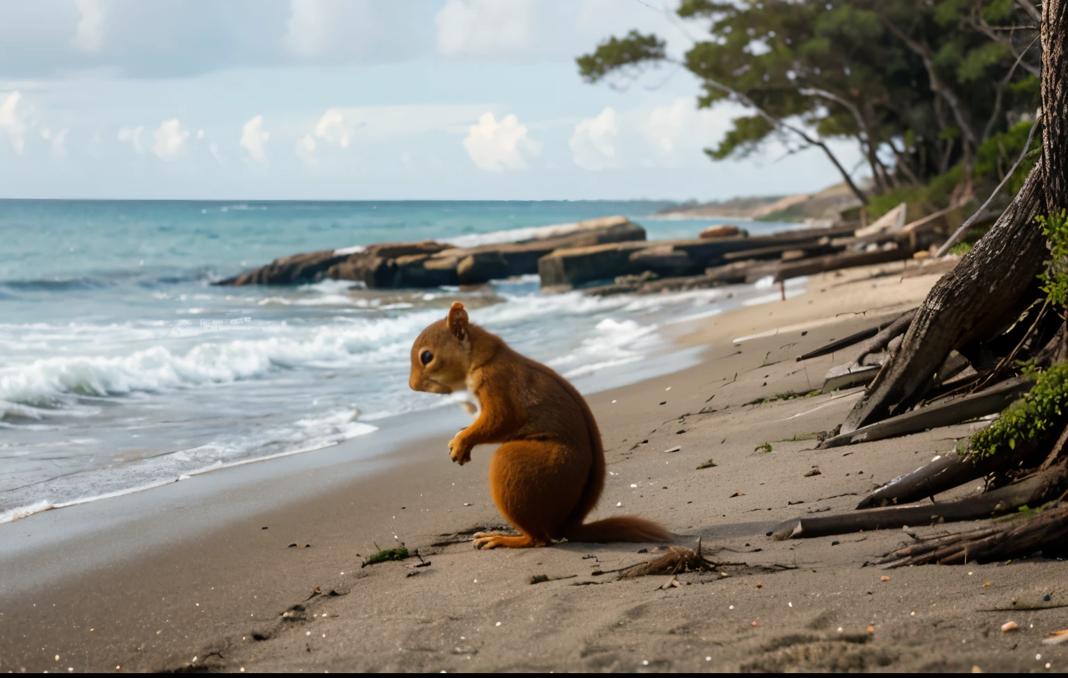 squirrel dip his tail to the sea from shore