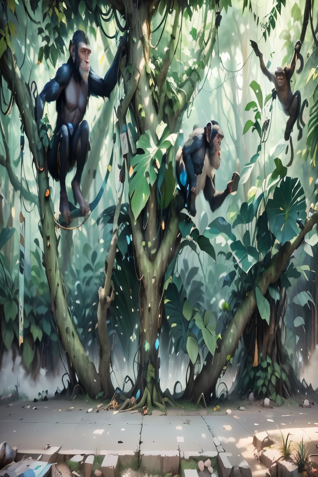 There are three monkeys climbing a tree together, ape hanging on vine, Cyber monkey in the sci-fi forest, Wop and Andrei Ryabovich, Highly realistic concept art, WLOP and Ross Tran, WLOP and Ross Solan, Alexei Egorov, 3D epic illustration, Alexander Kucharsky, Stunning photo-realistic concept art