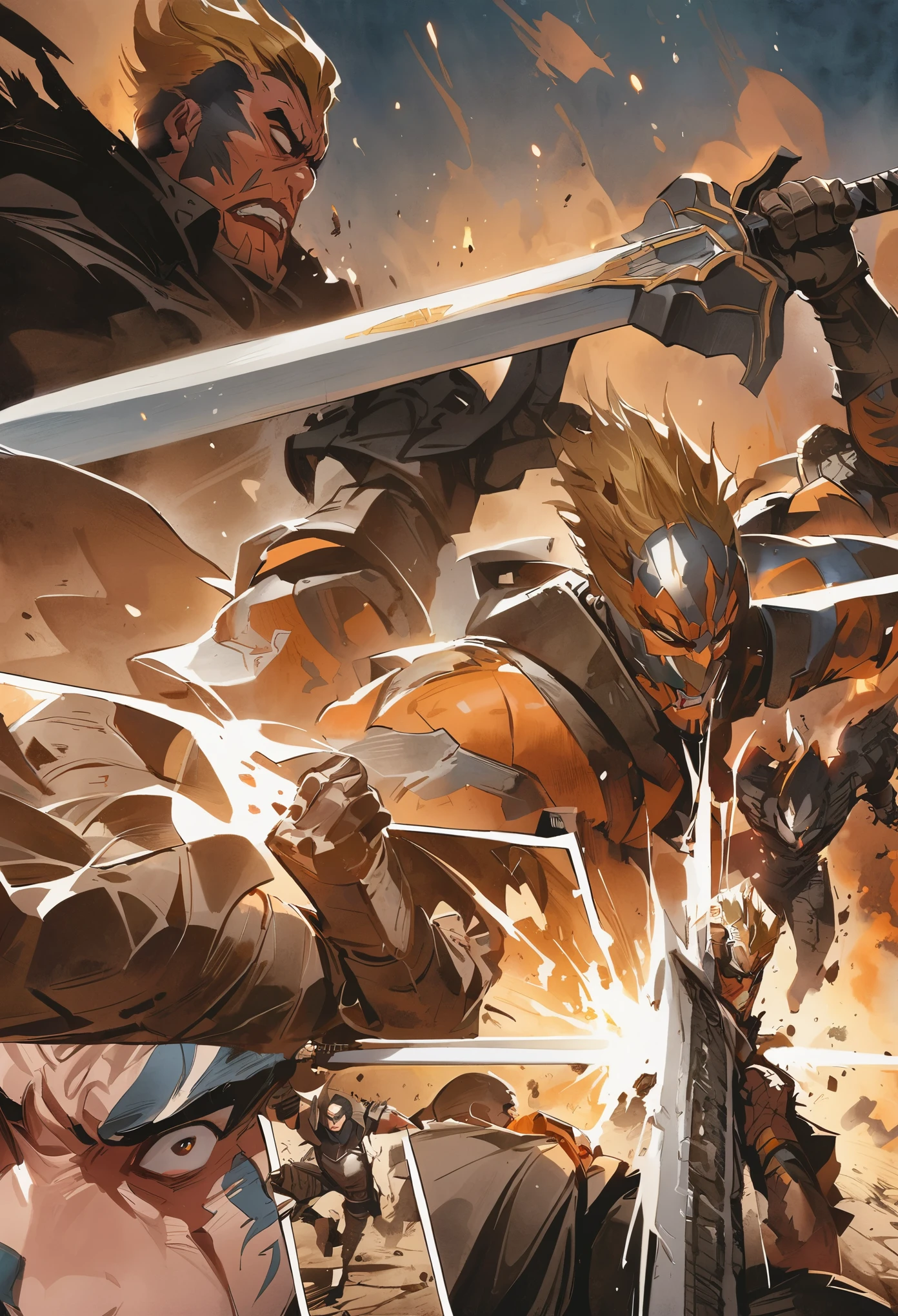 Comic storyboard:2, \(Guts Berserker\), tmasterpiece, Best quality, A robust man, brunette color hair, short hair, musculature, the scars, a black cloak, big sword, bearings, simple backgound, fundo vermelho, (foreground:1.1), (Traditional media), shoulder armors,rampage,Battle scenes,best quality,masterpiece,ultra high resolution