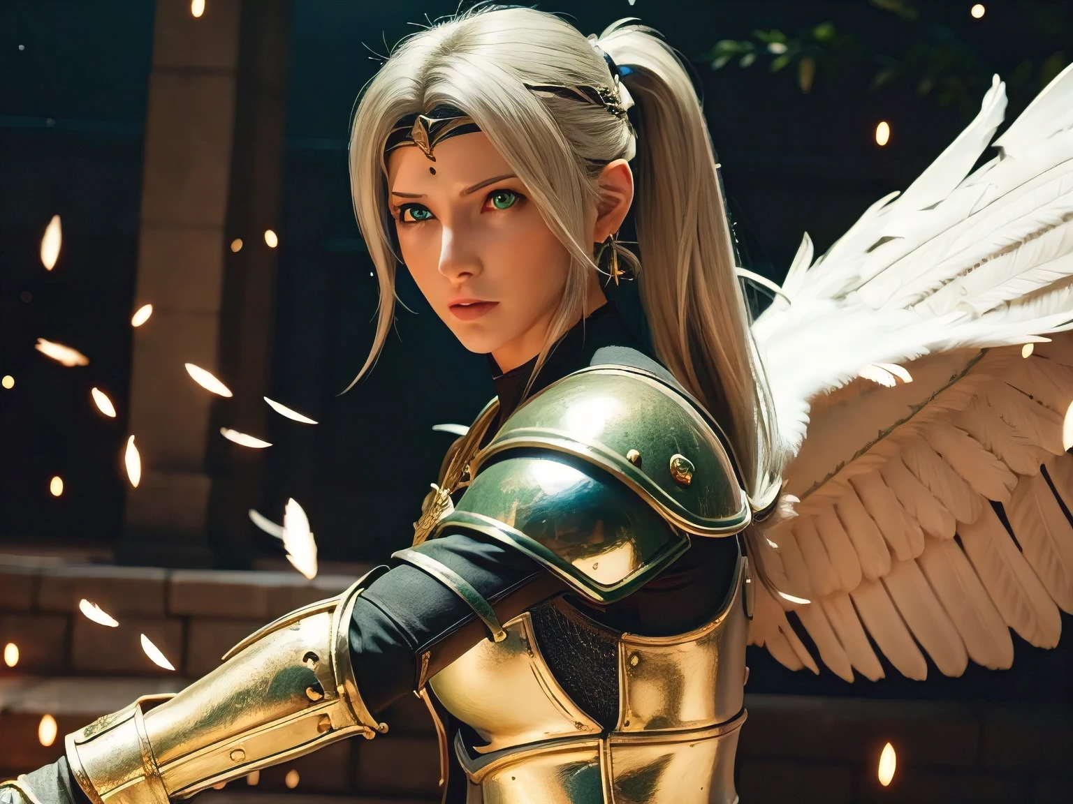 8k,​ masterpiece, best quality, ff7r style, Rhea, AraneaHighwind, 1girl, ((white hair)), ((green eyes)), ponytail, long hair, portrait, blurry background, ((gold armor)), ((holding a lance)), lance, earrings, gloves, white dress, solo, forehead protector, ((dragoon)), facing viewer, cinematic lighting, dynamic pose, chainmail, breastplate, hair ornament, (feather wing), light particles