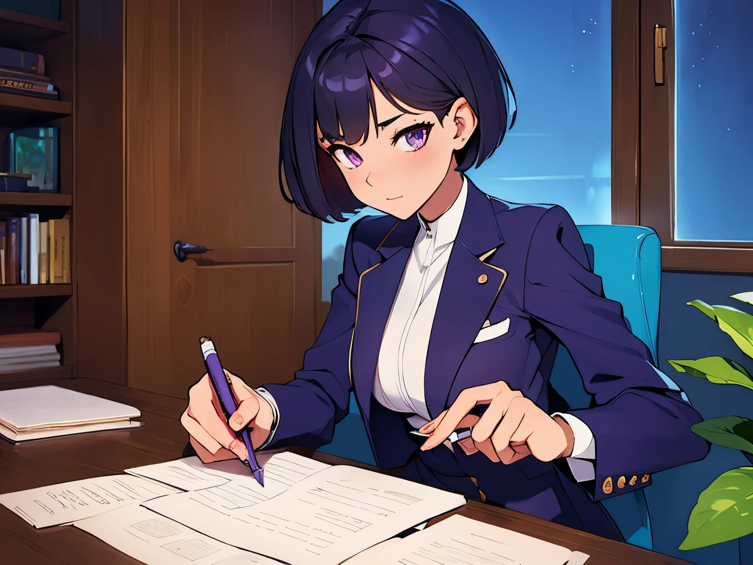 Era：90Era，Chinese woman 30 years old，The heroine wears a dark purple professional suit，Layered over a white shirt，Short hair neatly combed behind the head。Scenes：At the desk，The heroine is working hard，The pen in my hand is calculating quickly on the paper。style，简洁动画style