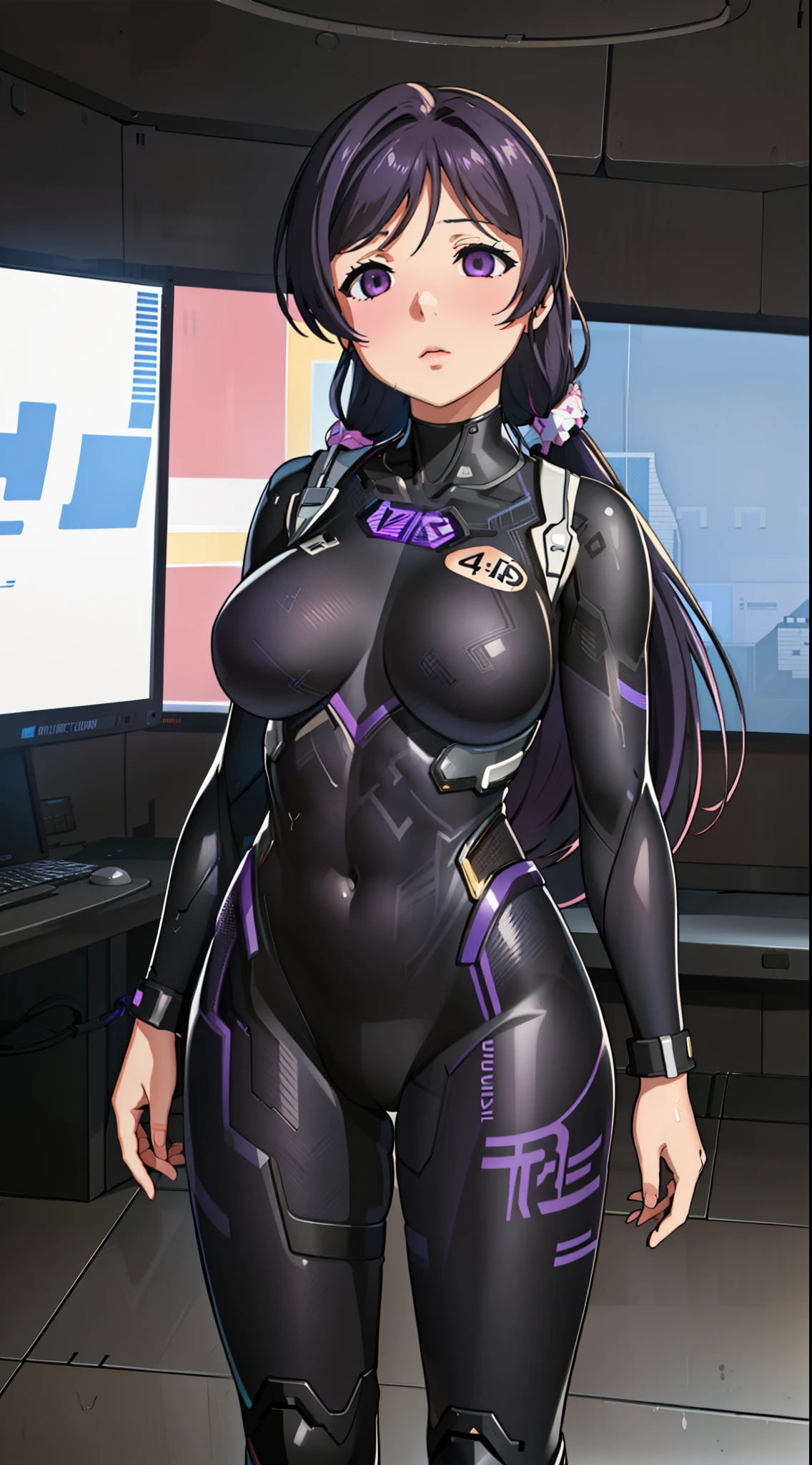 1 girl,NSFW,Nozomi Tojo, (lovelive), clavicle, absurd, brainwashing,Combatant, empty eyes,((purple glowing eyes 1.8)), ( huge breasts 1.2 ), ((stand up, Standing in honor)), No expression, emotions removed,((black bodysuit)),look away , whole body shape,(highest quality、4k、8K、High resolution、must have:1.2)、Super detailed、(reality、It&#39;s realistic、realistic:1.37)、ticker、hyper hd、studio lighting、ultra definition paint、sharp focus、Physically based rendering、extreme details、Professional specifications、vibrancy and color、blurry、sports portrait、landscape、horror style、anime big breasts、SF、photograph、concept artist、five fingers, perfect body,  {{{masterpiece}}}, {{{highest quality}}}, {{Super detailed}}, {shape}, {{very delicate and beautiful}},Improved cost performance、all roles、Canon 5D MK4でphotograph、photograph, 