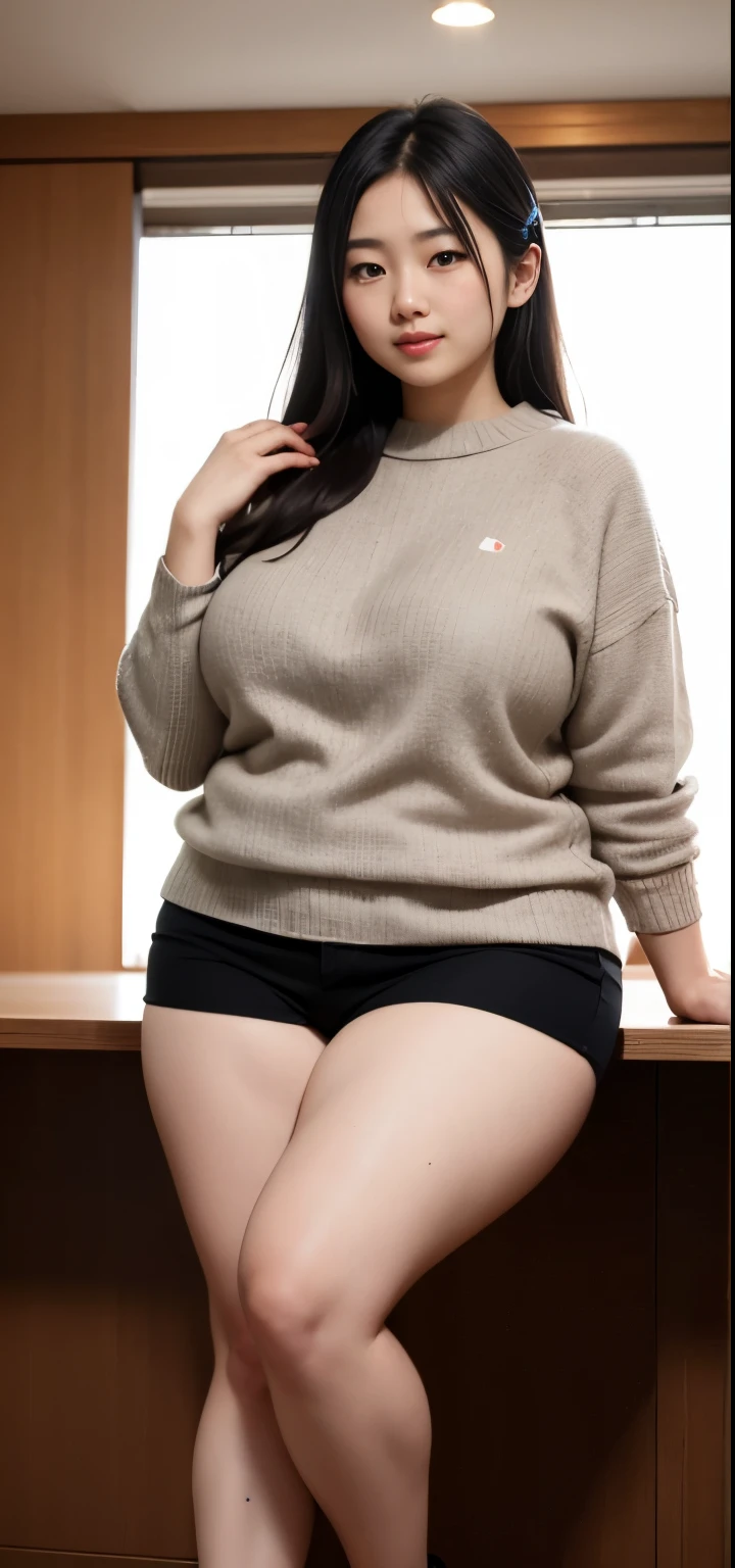 (Best quality,8k,ultra high res:1.2),(Pretty Indonesia Japanese girl),(Huge breasts:0.8),(sweater), (thick thighs:0.9), (obese body)