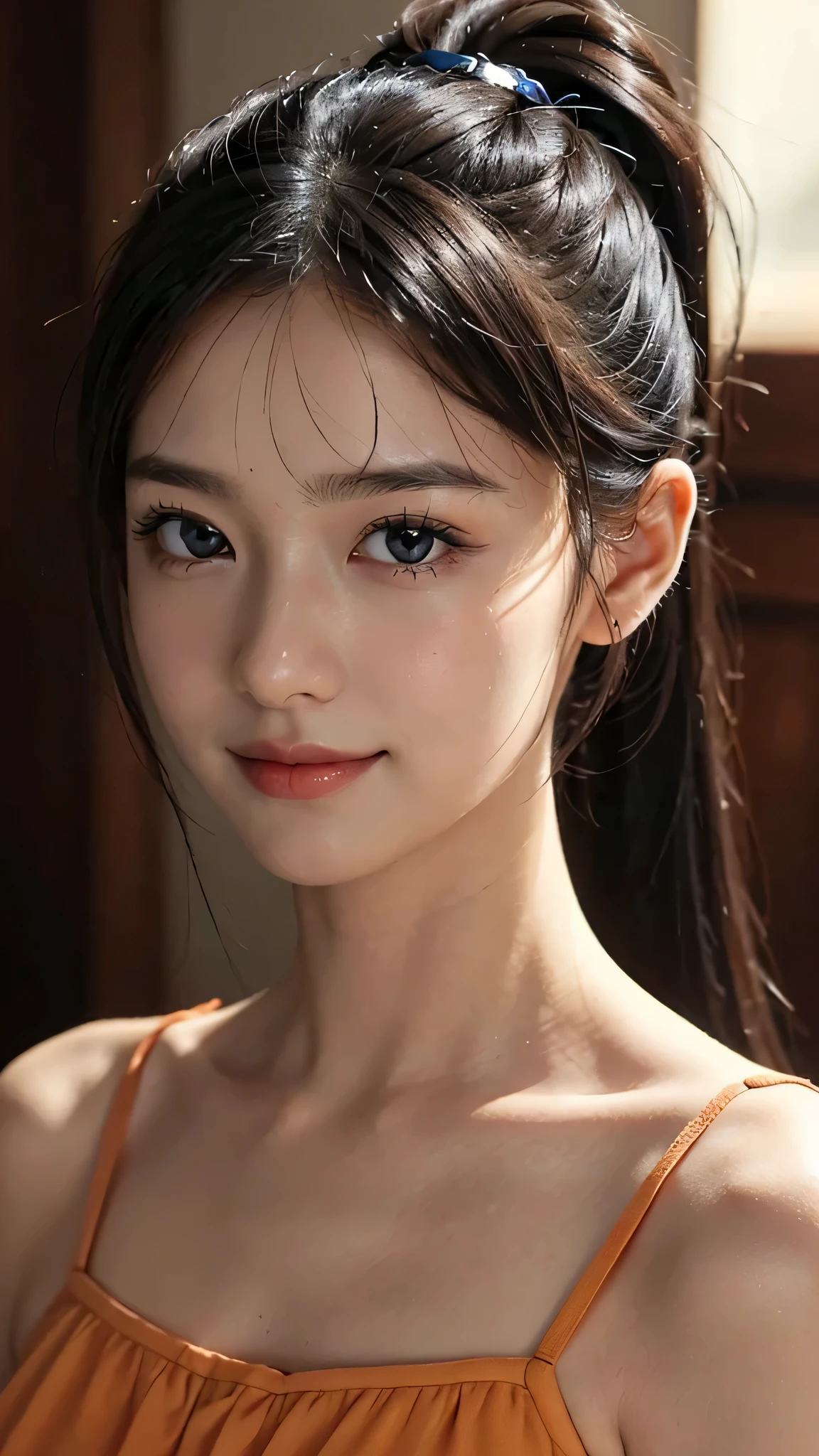 One woman,fully body photo,masutepiece, The highest image quality, High quality, the background is clear,Beautiful woman, Japanese, Detailed, Detailed eyes, Detailed skin, Beautiful skin, 超hight resolution, (reality: 1.4),Very beautiful woman, Slightly younger face, Beautiful skin, slender, (Ultra photo realsisim), (hight resolution), (8K), (Very detailed) (beautifully detailed eyes), (super detailed), (Detailed face), view the viewer, Fine details, Detailed face, Staring straight ahead, Staring straight ahead, photos realistic, Bright lighting, Professional Lighting, Black hair,poneyTail,a baby face,sixteen years old,Hairstyle is ponytail,long ponytail hairstyle,smile,Orange colored long dress with lots of ruffles, softly shaped skirt,standing on the live stage,close up of face