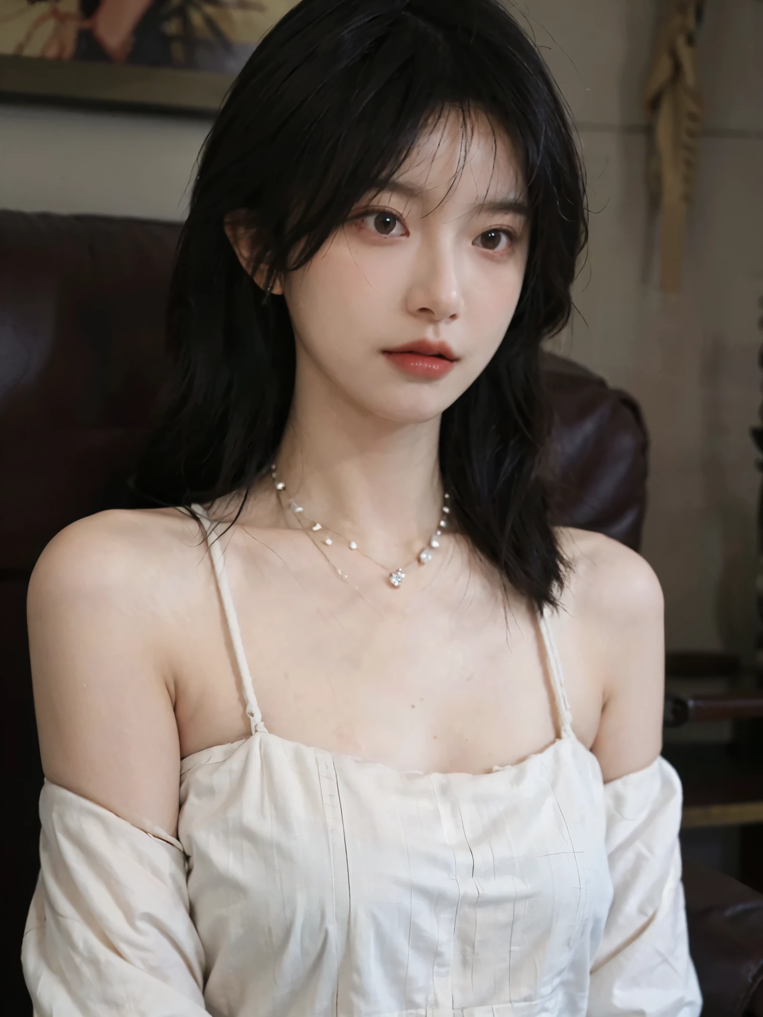 Film portrait photography, 1 girl, bare shoulders,lipstick,(flat chest:1.4), wavy shoulder-length hair, wear necklace,scarf,earrings,short sleeves,serene, calm, (Realistic and detailed eyes, natural skin texture, Realistic facial details), Soft dramatic lighting, depth of field, Bokeh, Vibrant details, Detailed and detailed, surreal, 35mm film, hazy, ,
