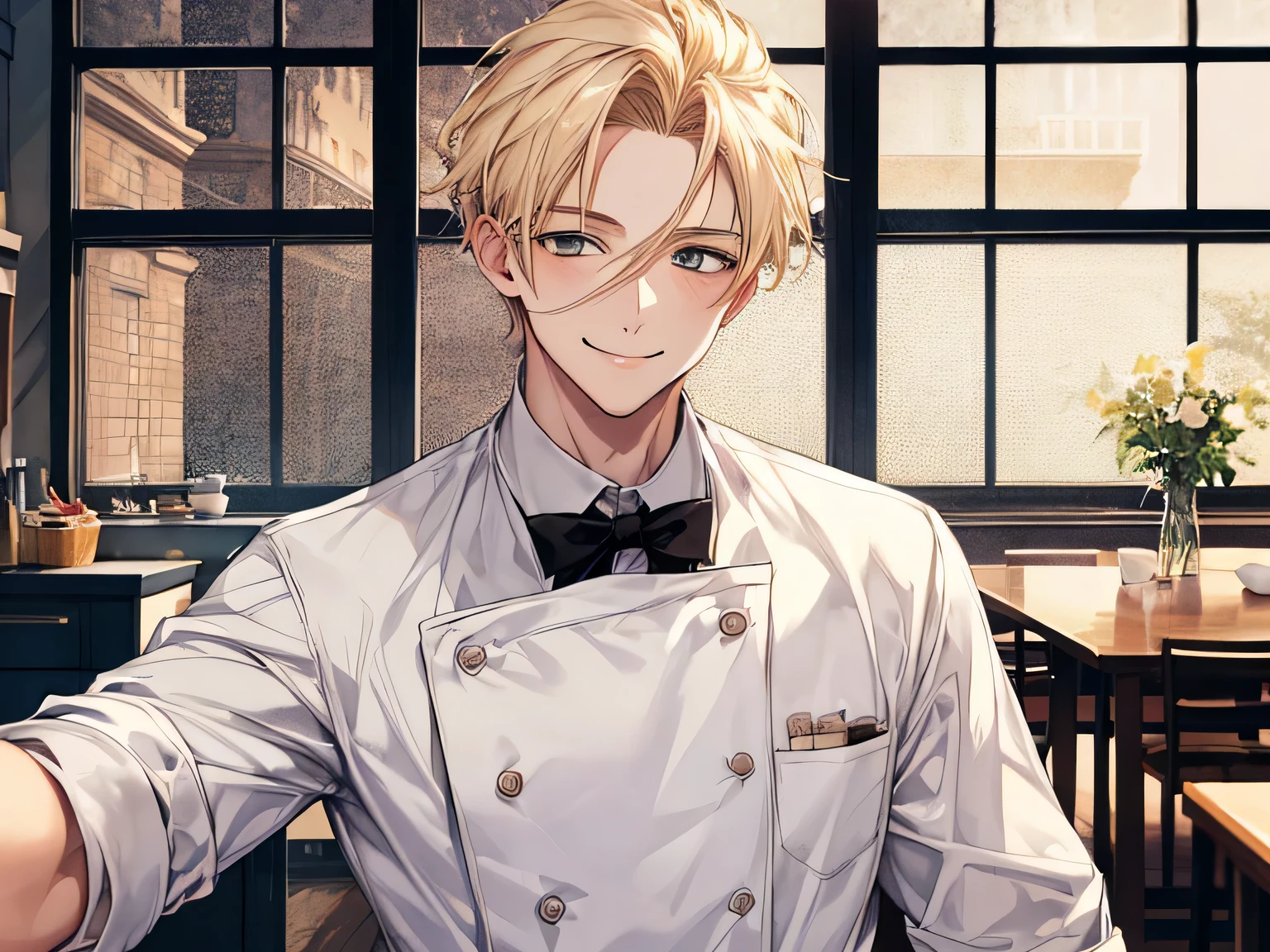 1 male, 20generation,blonde, kind, Pastry chef look,upper body shot, smile gently, omega,Background kitchen