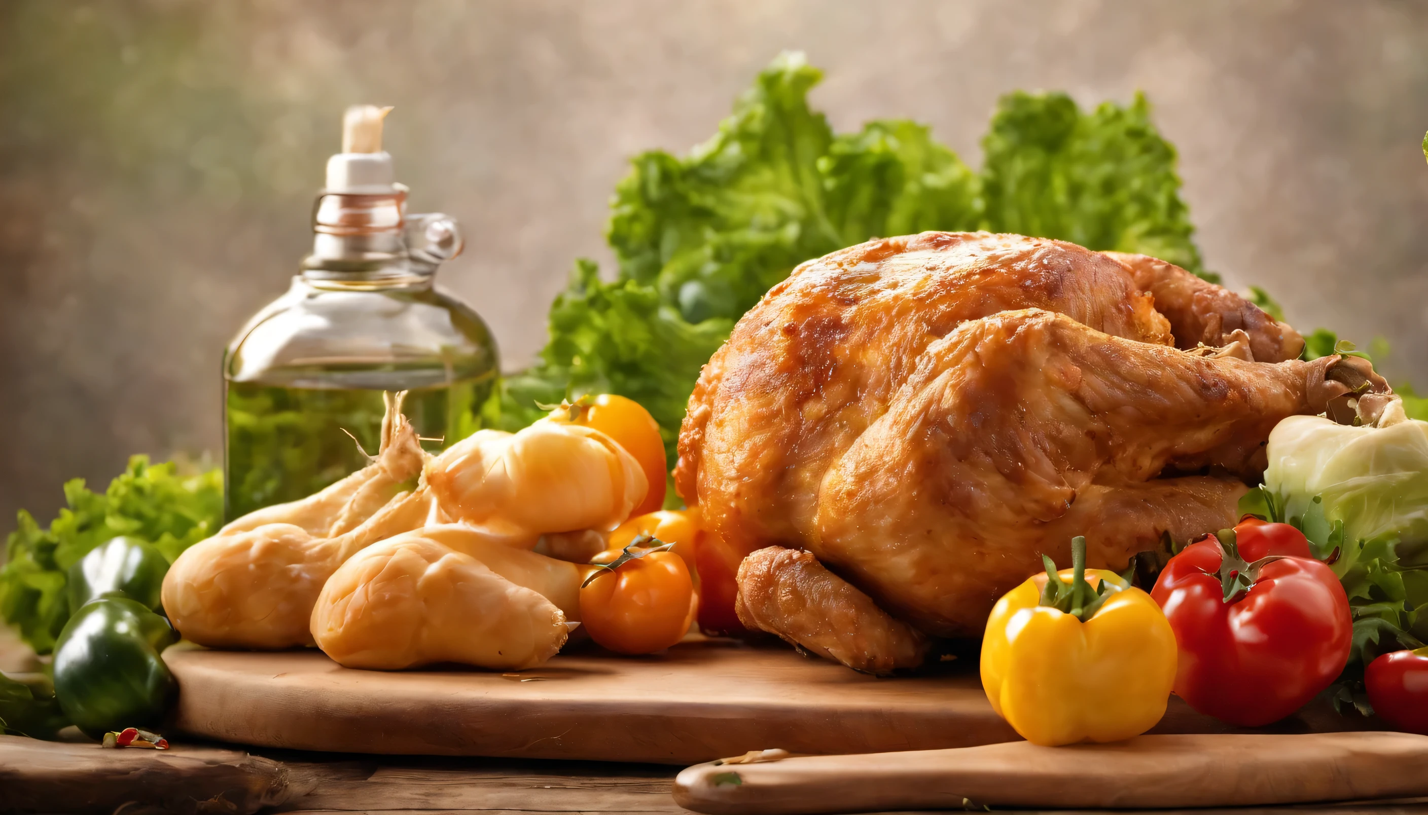 Vegetable oil label, with Fried Full chicken at the center, big, bright color,white background