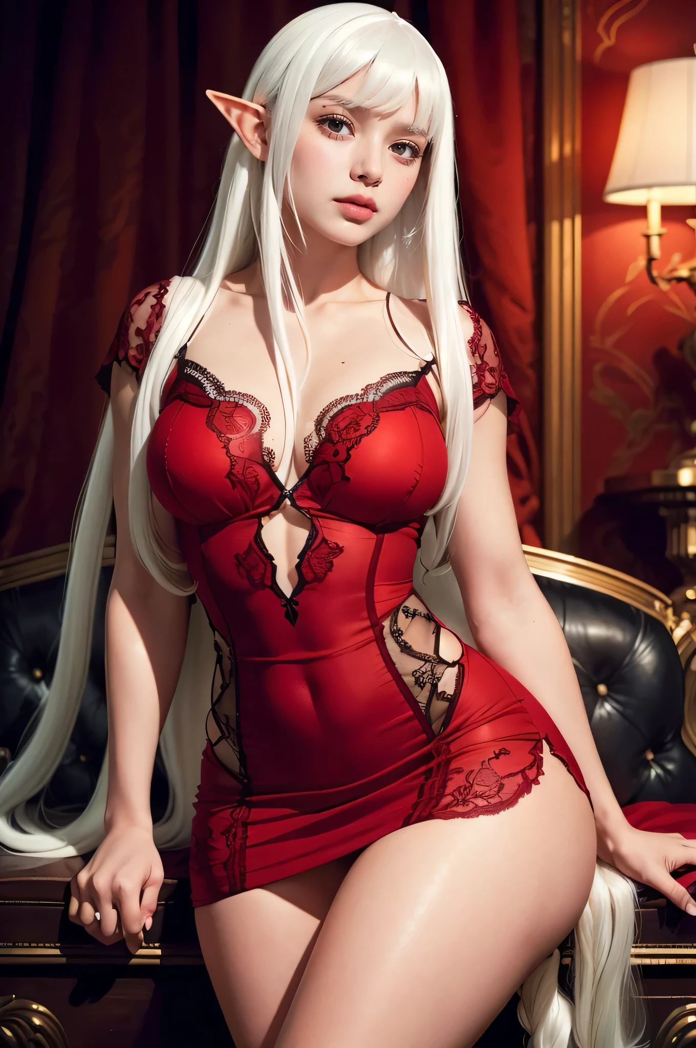 masterpiece、Highest quality、Detailed_skin、Lots of red roses on the background、white hair、(Very large breasts:1.5)、lingerie、Cinematic:1.35
