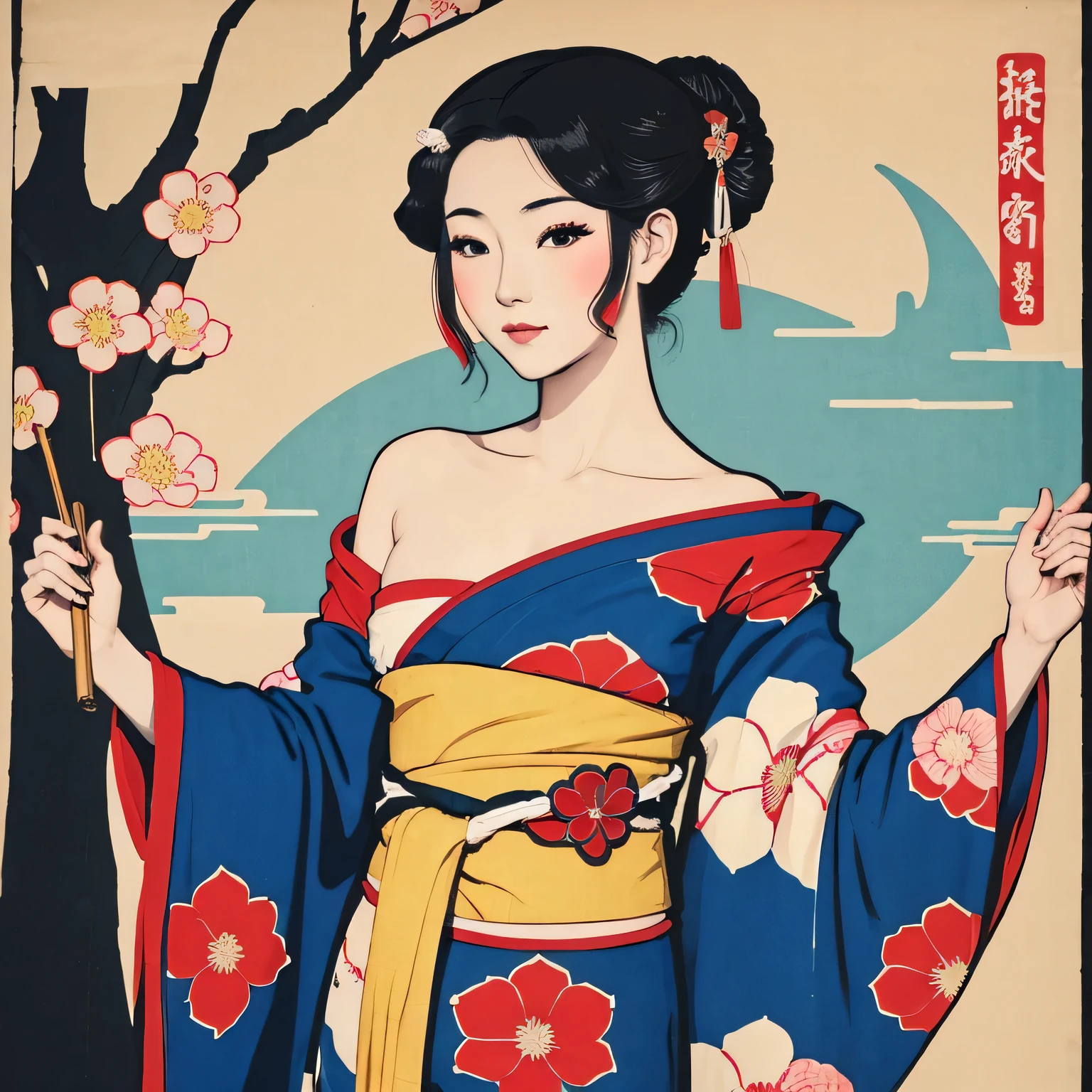 Art vintage japonais, Conception de t-shirts, art vectoriel, art plat:1,4. \\ (japonaise, en kimono, best quality, Art officiel, Beaucoup de couleurs, couleurs du japon, ukiyo-e, couleurs, printemps , bare shoulders, belles formes,: 1.2