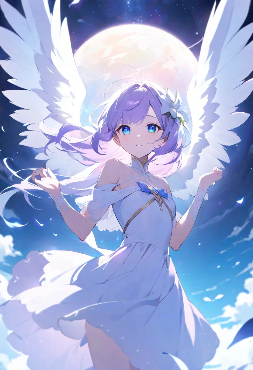 shy lily/(Twitch/),Angels are painted with pale and radiant complexion.、Its eyes have heterochromic eyes.、Its skin seems to glow with an otherworldly glow。He、Symbolizing the Nature of God、Adorned with a pair of shimmering graceful wings。This scene is amazing and fascinating.、It captures the beauty and mystery of these celestial bodies。Godlike angel、Pale、with light glowing、complexion、Shines、Out of this world、brilliance、Shines、Graceful、wingspan、sacredness、Graceful、charming、a beauty、mistic。