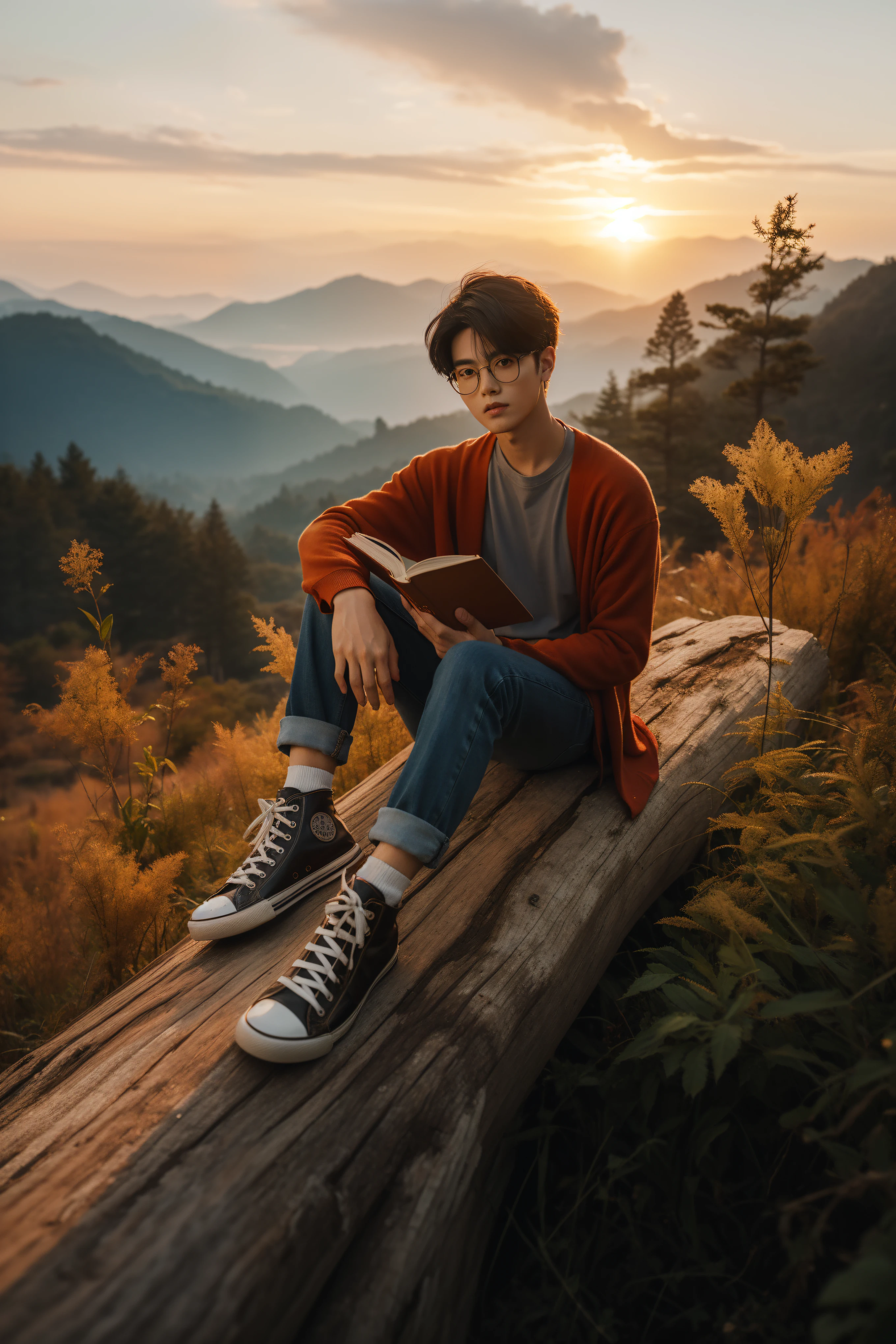 there is a man sitting on a bench reading a book, high quality portrait, portrait shot, male ulzzang, photo portrait, mid shot portrait, aesthetic portrait, dramatic reading book pose, fanart, color portrait, book portrait, perfect portrait composition, relaxed pose, asian male, high quality image, casual pose, inspired by Kim Eung-hwan