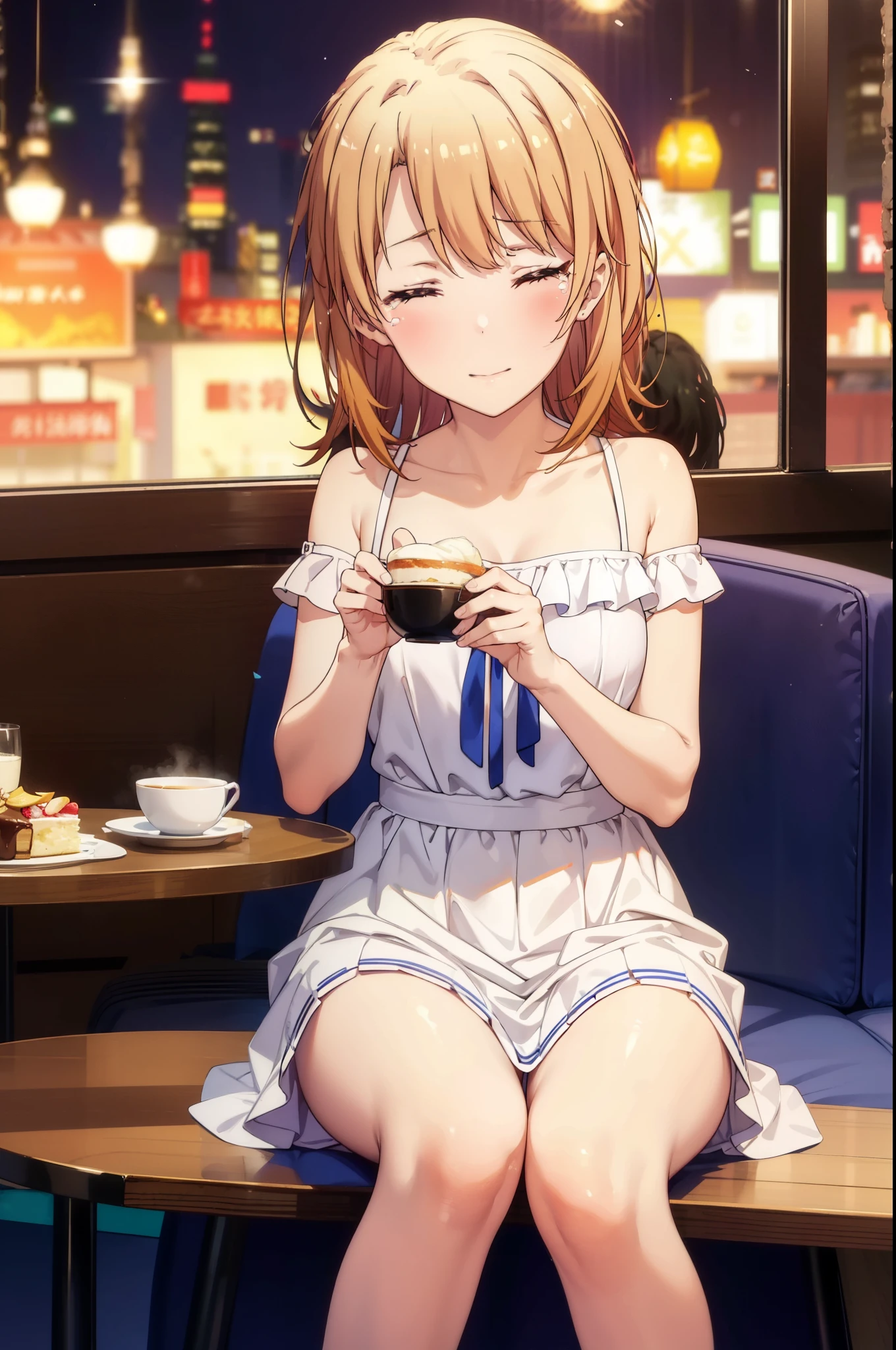 irohaisshiki, iroha isshiki, long hair, brown hair, smile,blush,open your mouth,close both eyes,tears run down her face,Crying with joy,cry a lot,white off shoulder dress,bare clavicle,bare shoulders,naked neck,long skirt,stiletto heels,A large cake and food are placed on the table.,sitting in a chair,confetti,ロマンチックな雰囲気
break indoors, A restaurant with a beautiful night view,
break looking at viewer,
break (masterpiece:1.2), highest quality, High resolution, unity 8k wallpaper, (figure:0.8), highly detailed face, perfect lighting, Very detailed CG, (perfect hands, perfect anatomy),