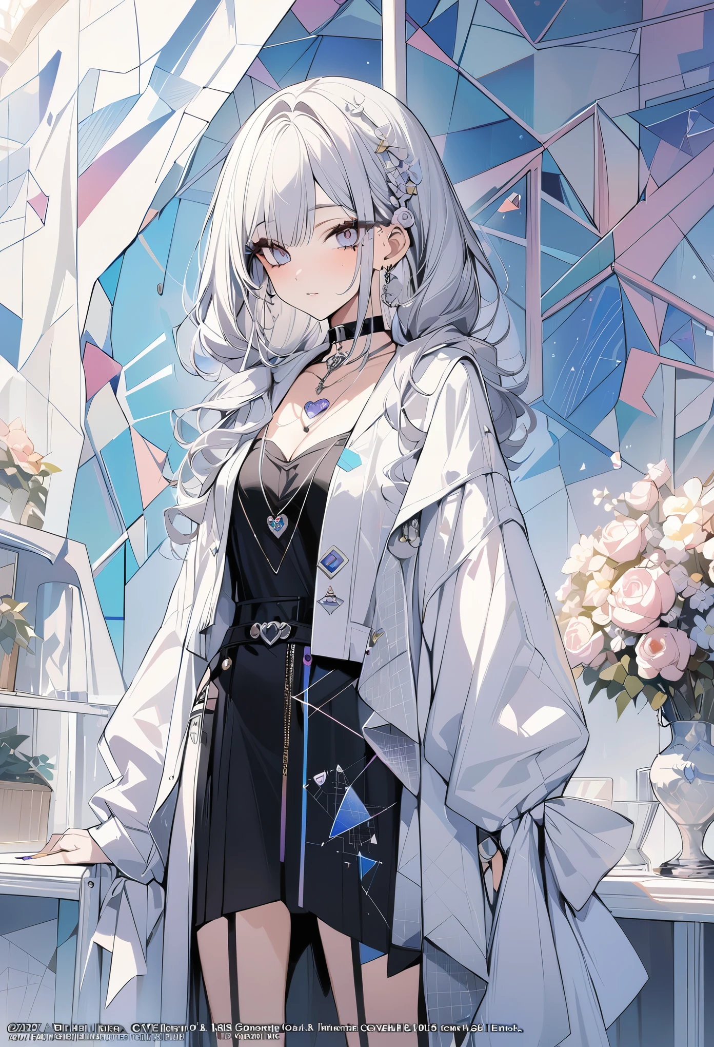 ,beautiful flower々),mole under eye, heart shaped choker, (masterpiece, highest quality), official art, beautiful and aesthetic: 1.2), (1 girl), very detailed, (geometry art: 1.3), colorful